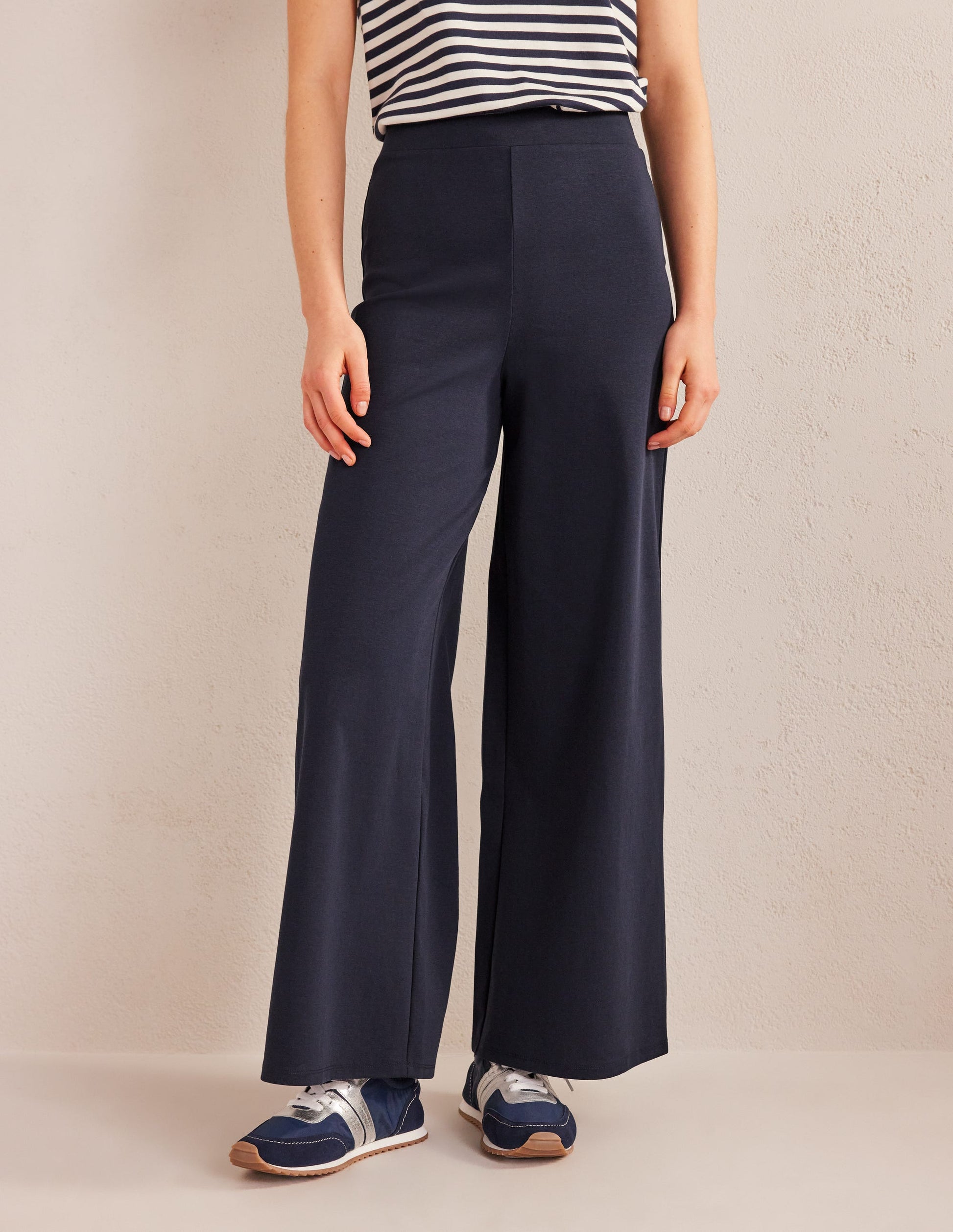 Wide Leg Jersey Trousers-Navy-4