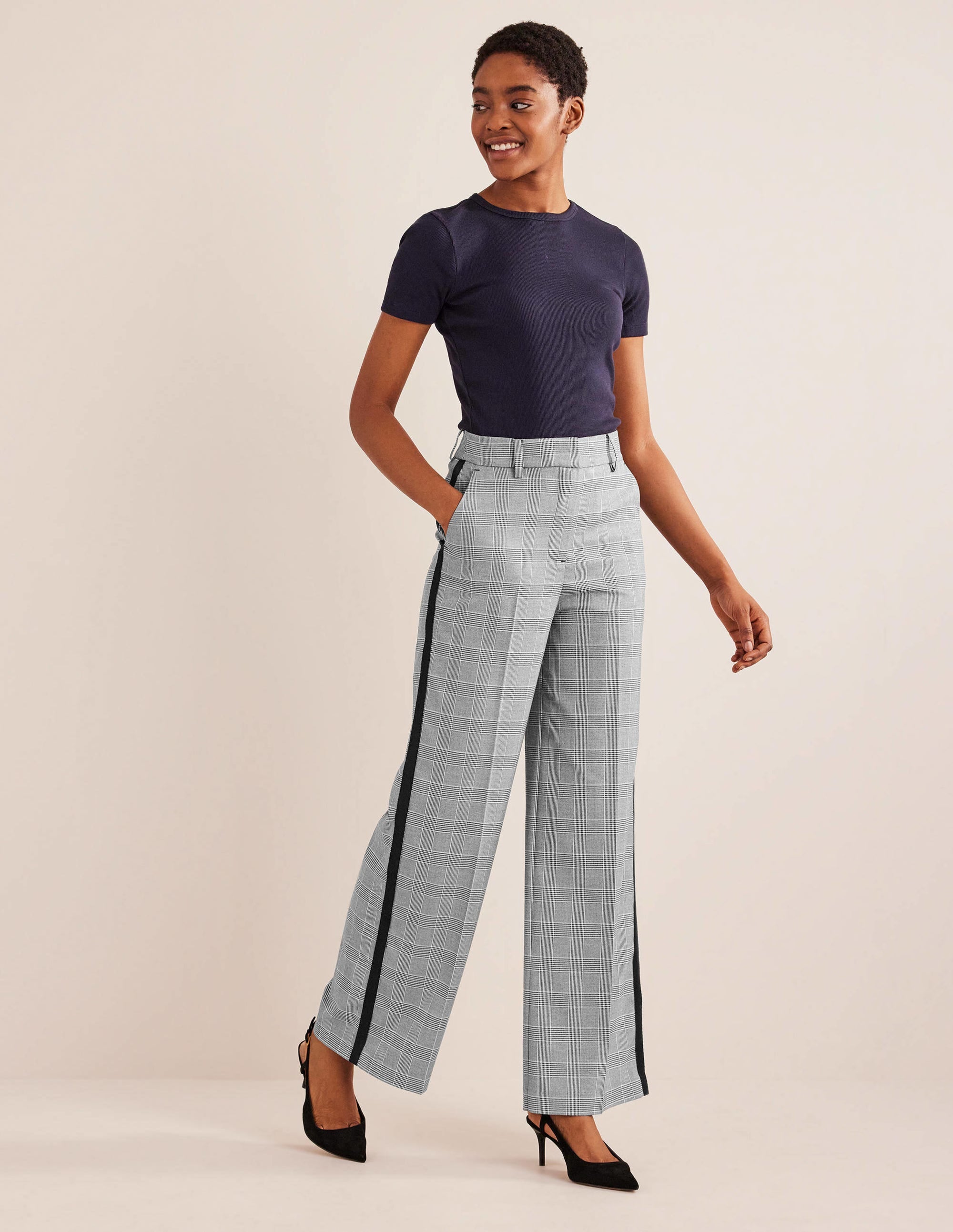 Westbourne Wide Leg Trousers-Check with Navy Side Stripe - Image 1