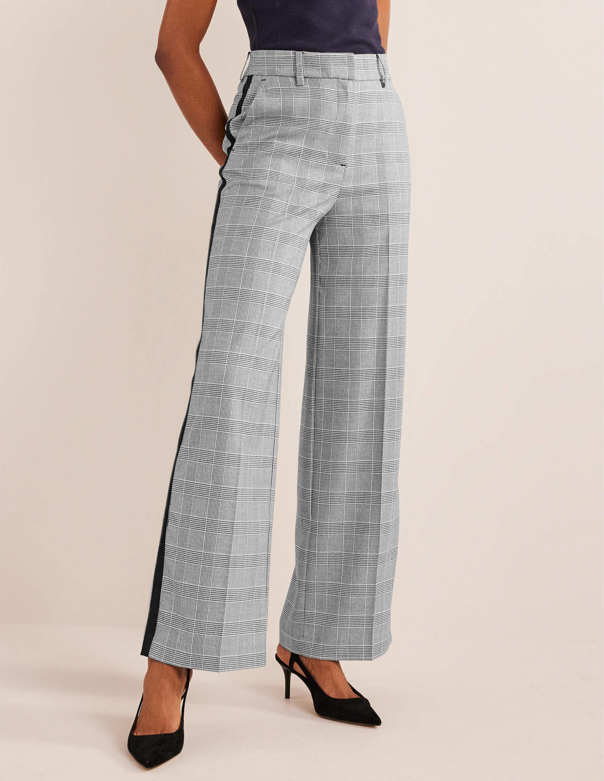 Westbourne Wide Leg Trousers-Check with Navy Side Stripe-4