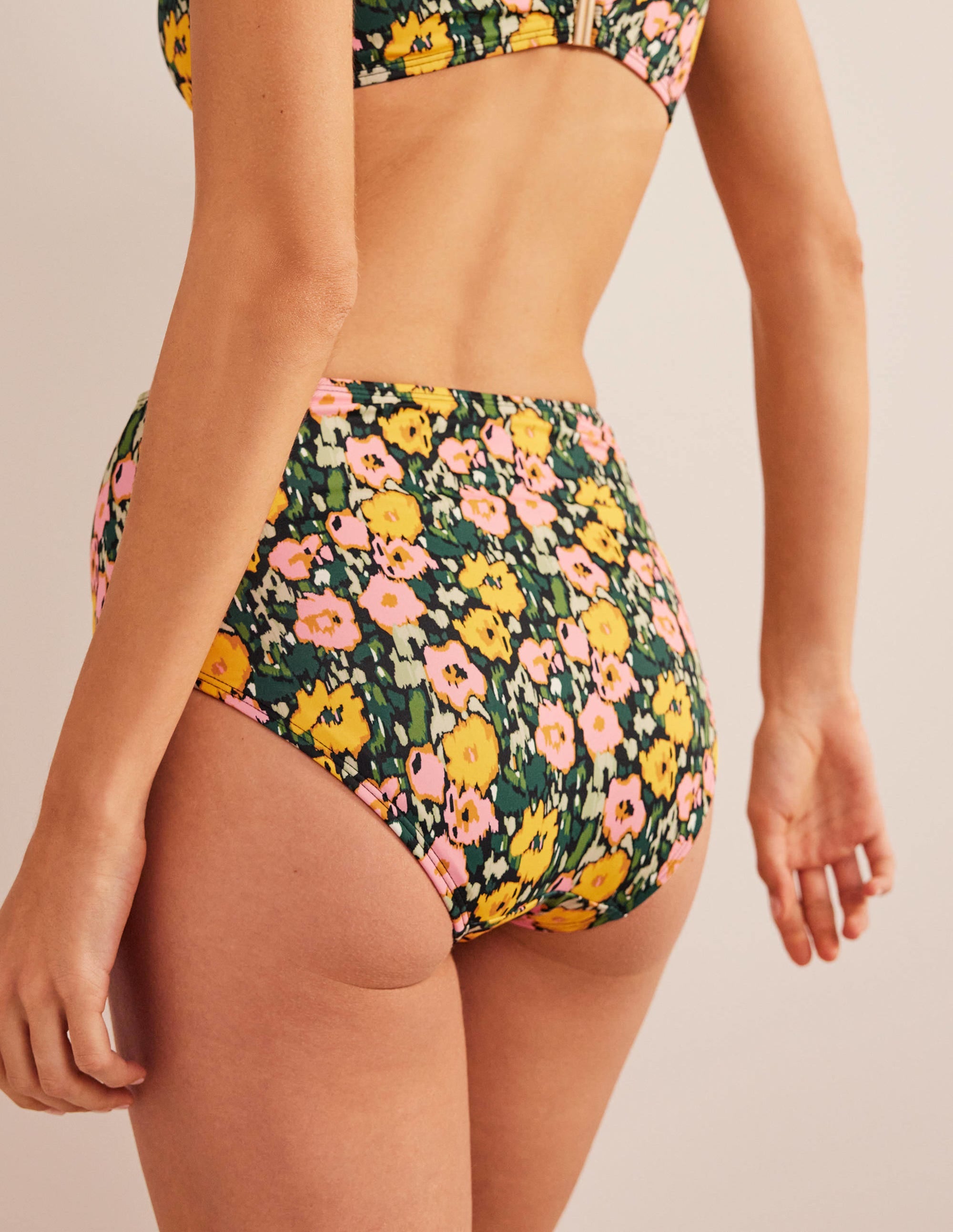 High Waisted Bikini Bottoms-Emerald Night, Abstract Poppy - Image 3