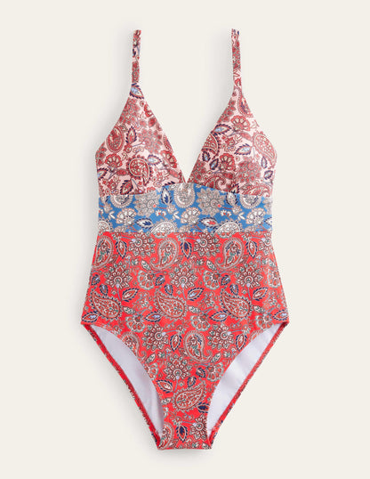 Arezzo V-neck Panel Swimsuit-High Risk Red, Paisley Terrace-7