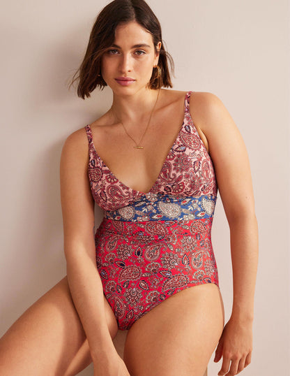 Arezzo V-neck Panel Swimsuit-High Risk Red, Paisley Terrace-5