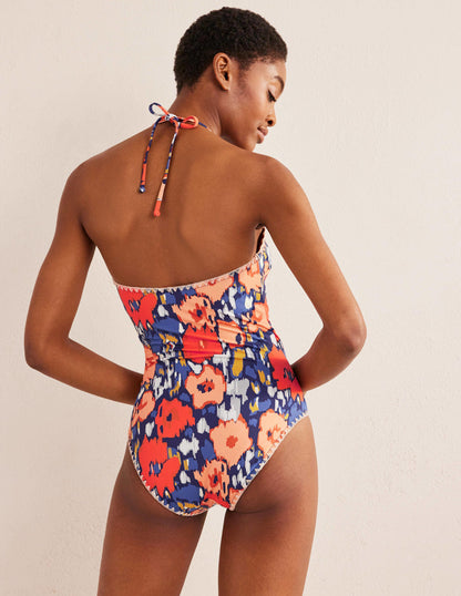 Crochet Trim Wrap Swimsuit-Navy, Abstract Poppy-5