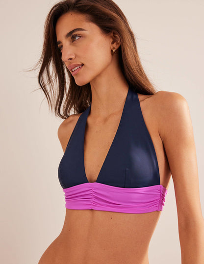 Bow Detail Halter Bikini Top-Midnight, Pink Colourblock-1