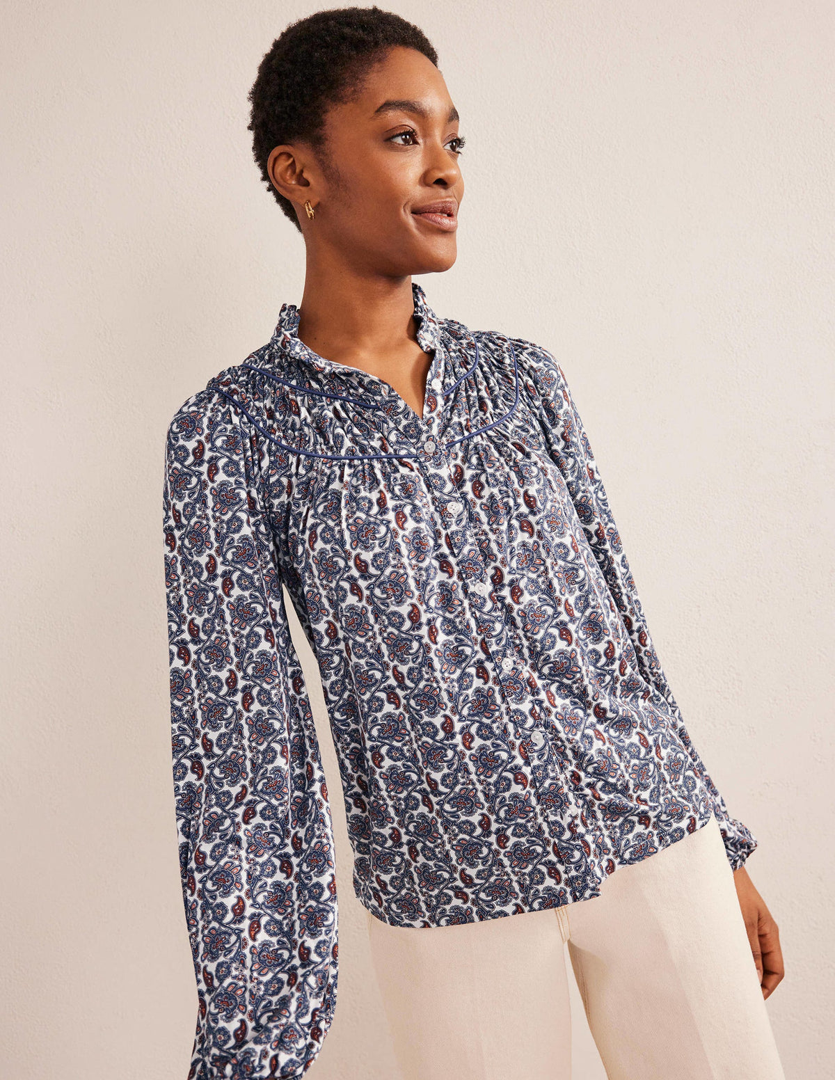 Ruched Yoke Jersey Shirt-Nightshadow, Block Paisley-1