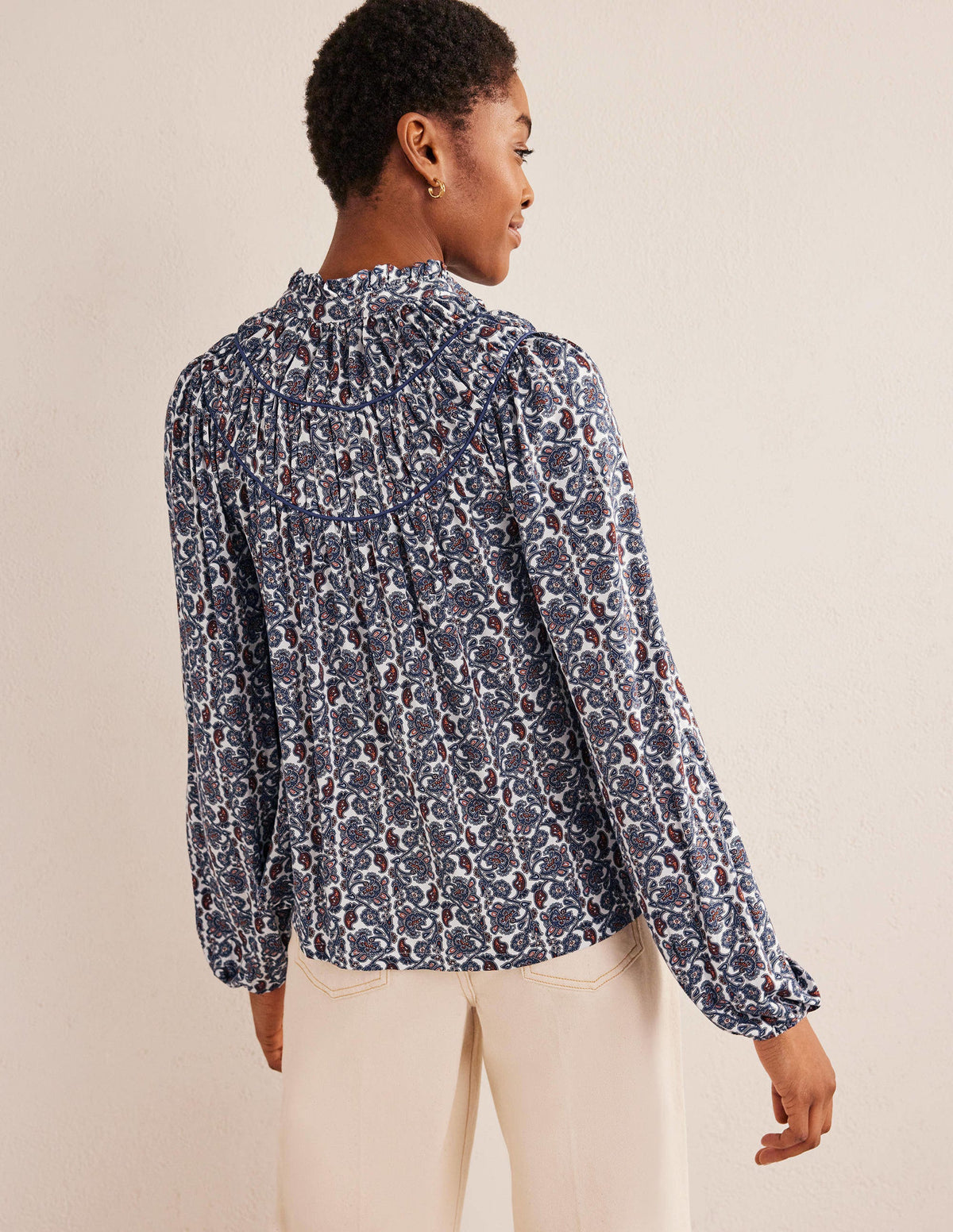Ruched Yoke Jersey Shirt-Nightshadow, Block Paisley-3