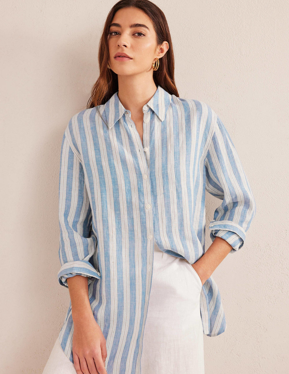 Relaxed Linen Shirt-Porcelain Blue, Sparkle Stripe - Image 1
