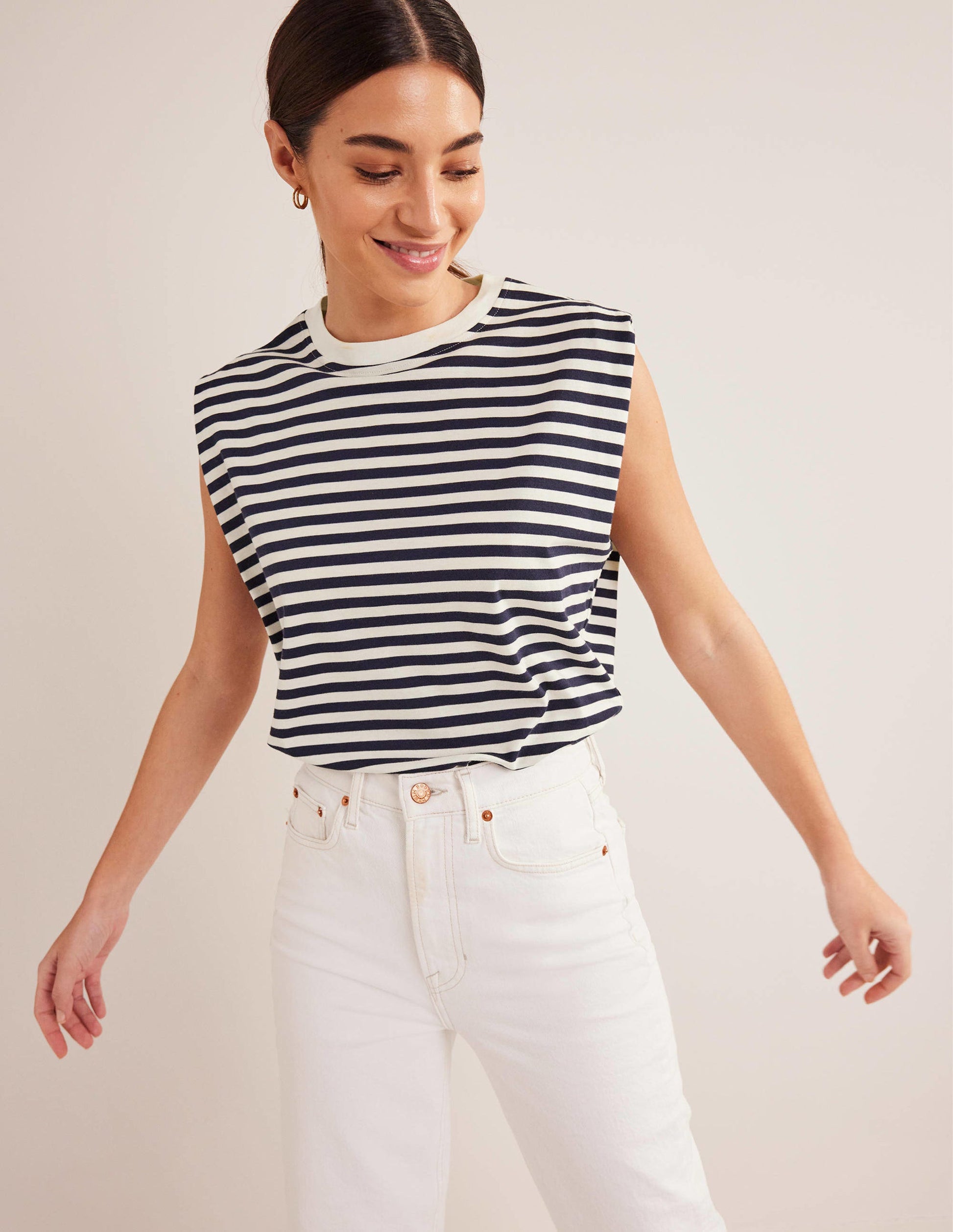 Perfect Cotton Sleeveless Top-Ivory / Navy Stripe-1