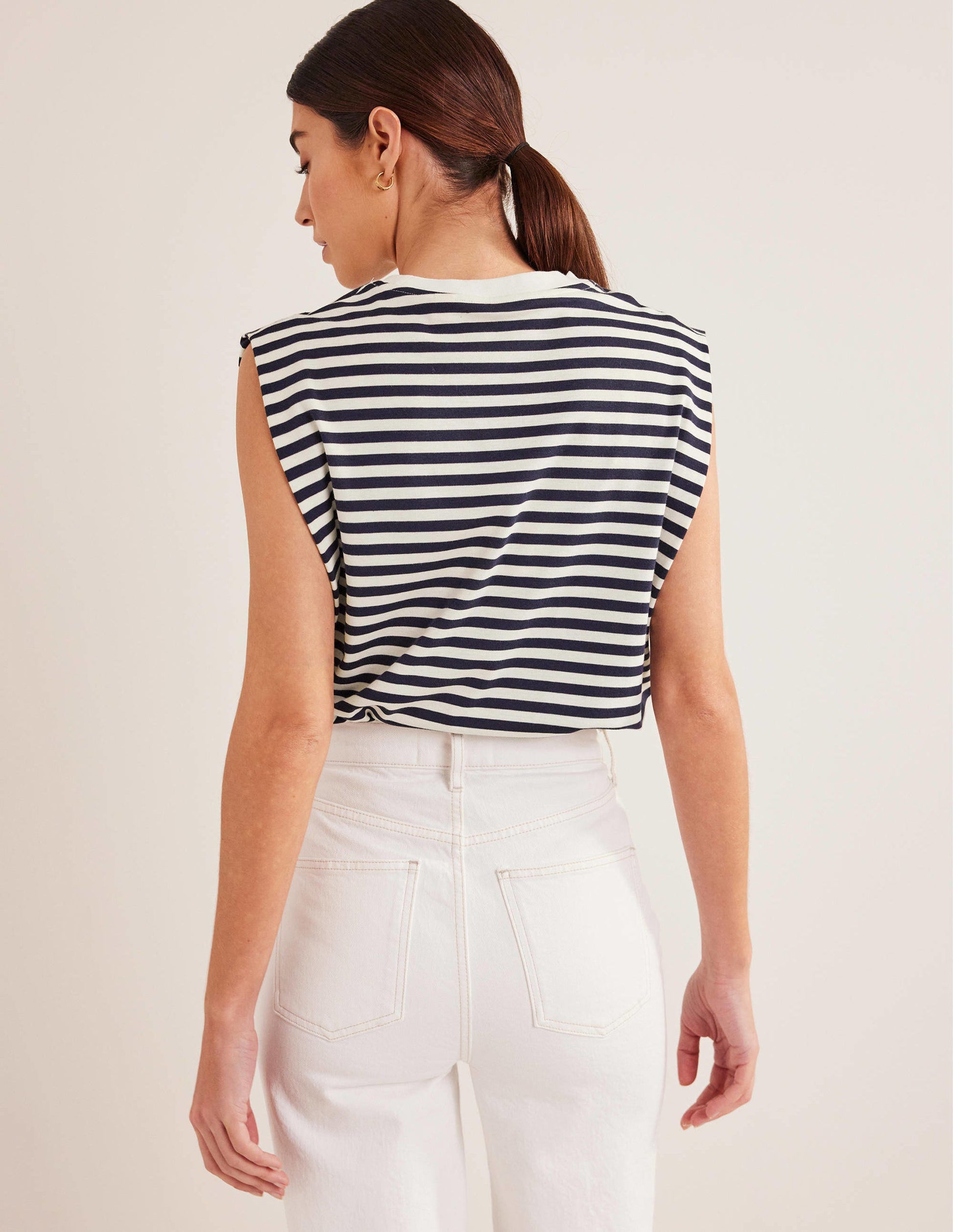 Perfect Cotton Sleeveless Top-Ivory / Navy Stripe-3