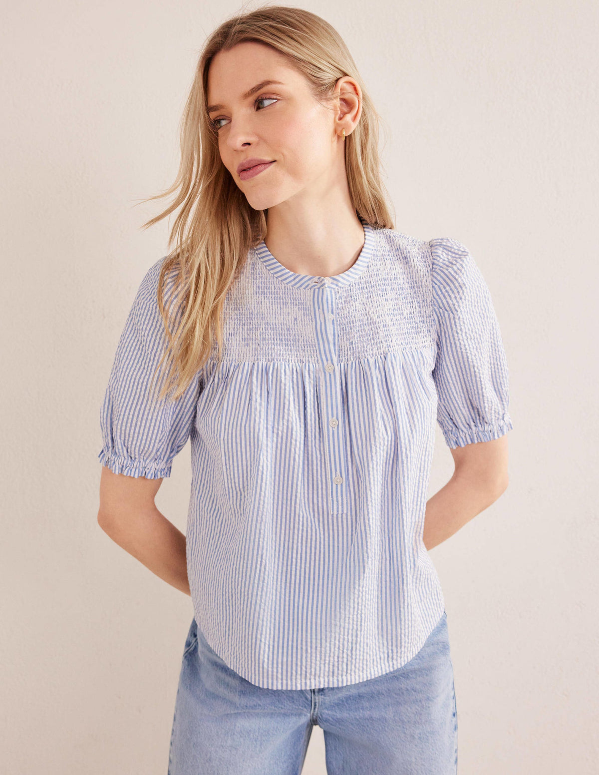 Puff Sleeve Seersucker Popover-Provence & Ivory Seersucker-1