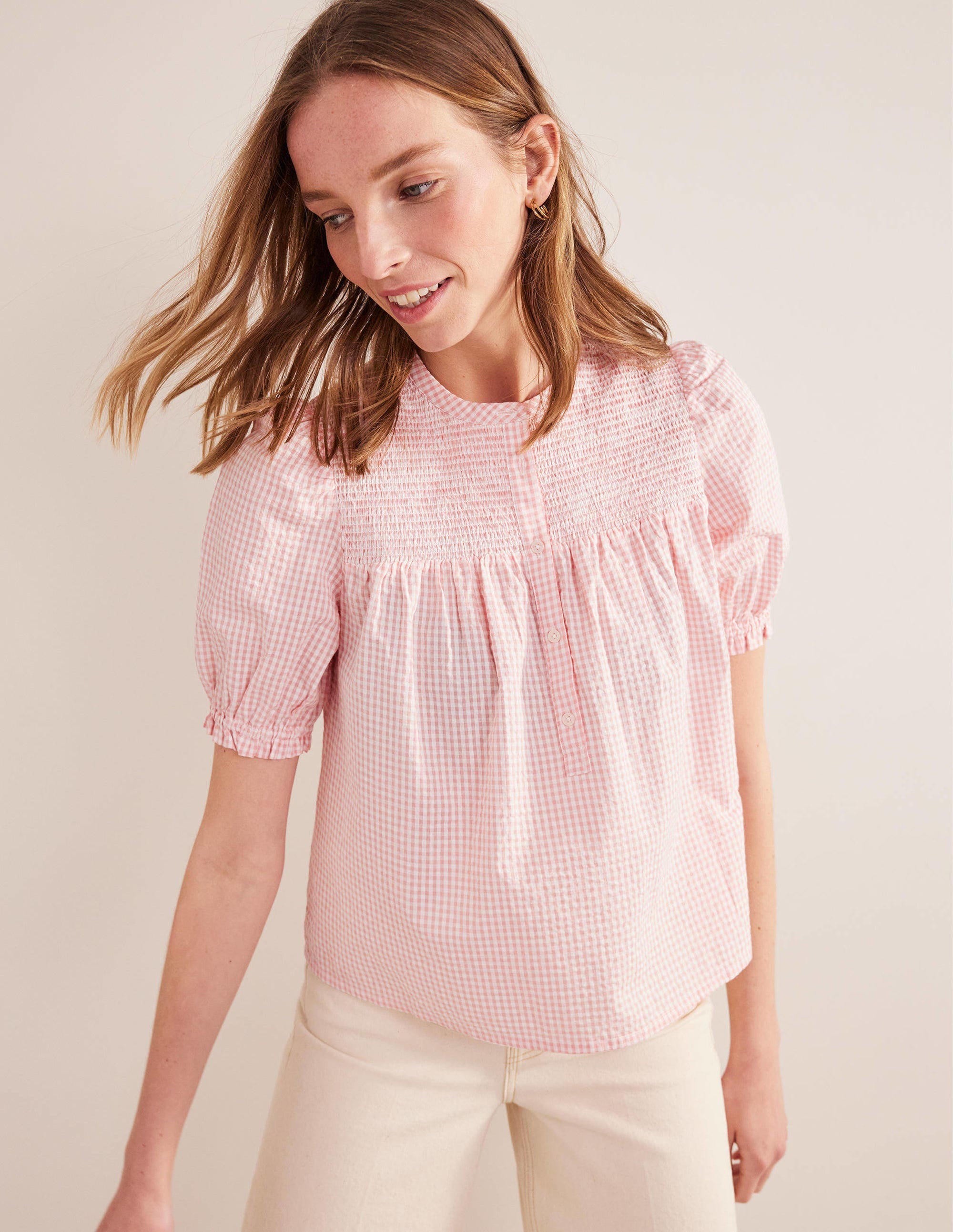 Puff Sleeve Seersucker Popover-Dahlia Pink Gingham - Image 1