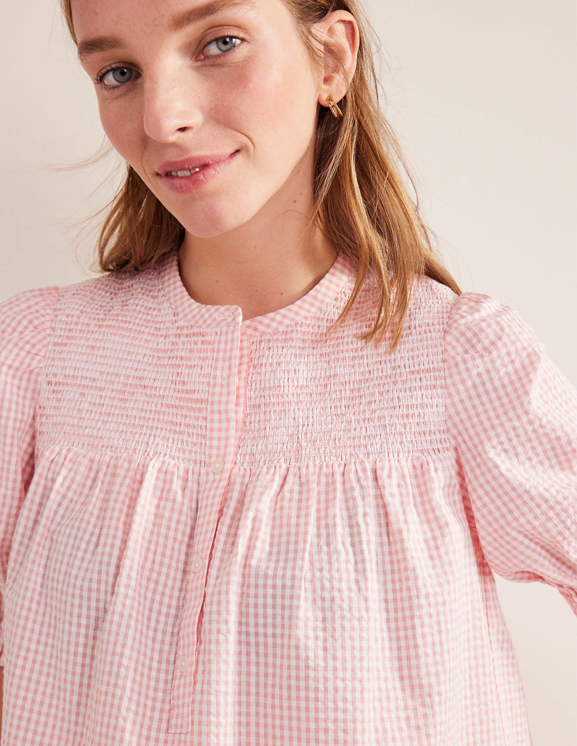 Puff Sleeve Seersucker Popover-Dahlia Pink Gingham - Image 2