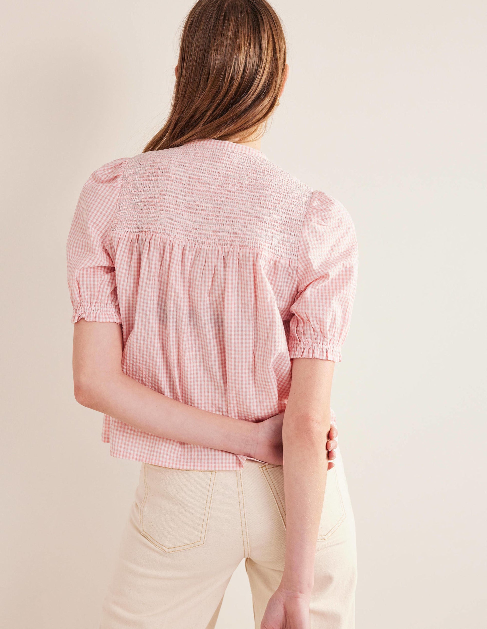 Puff Sleeve Seersucker Popover-Dahlia Pink Gingham-3