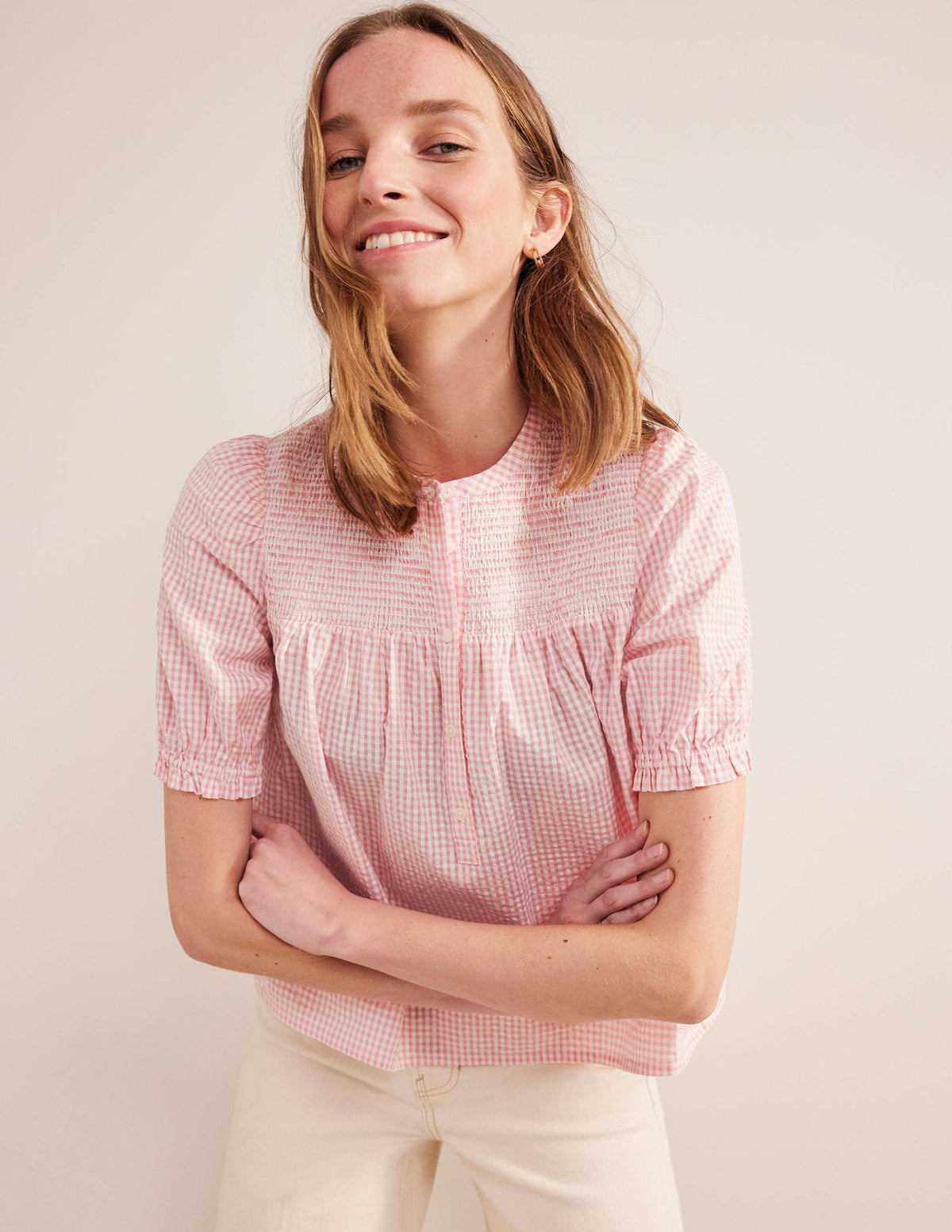 Puff Sleeve Seersucker Popover-Dahlia Pink Gingham - Image 4
