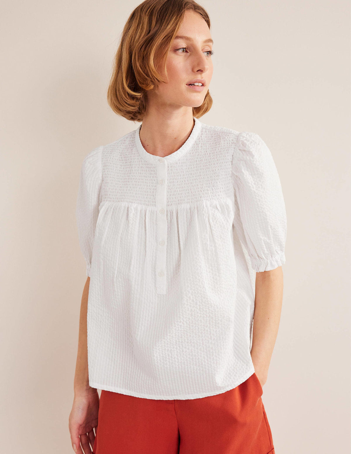 Puff Sleeve Seersucker Popover-White - Image 1