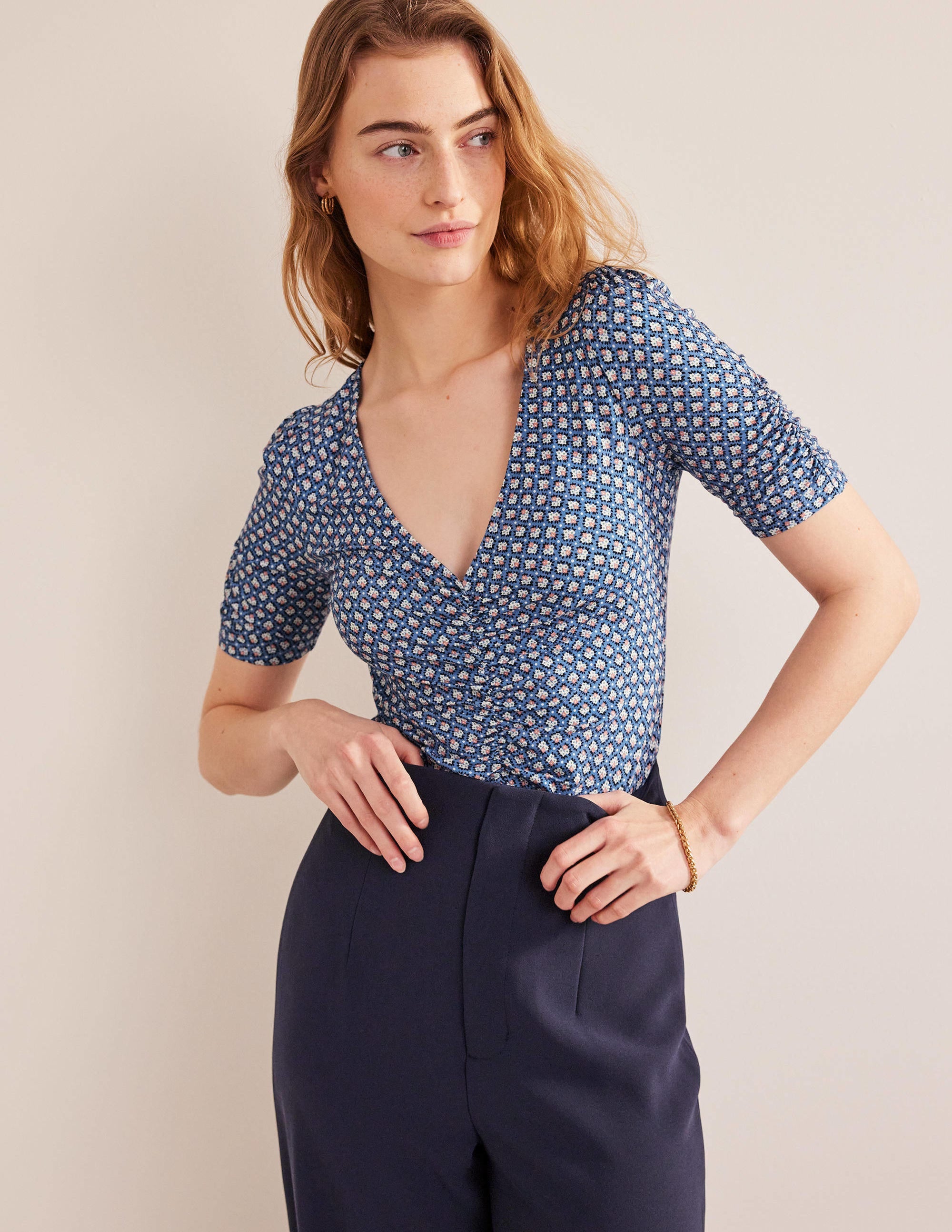 Ruched Front Printed Top-Porcelain Blue, Bloom Bud - Image 1