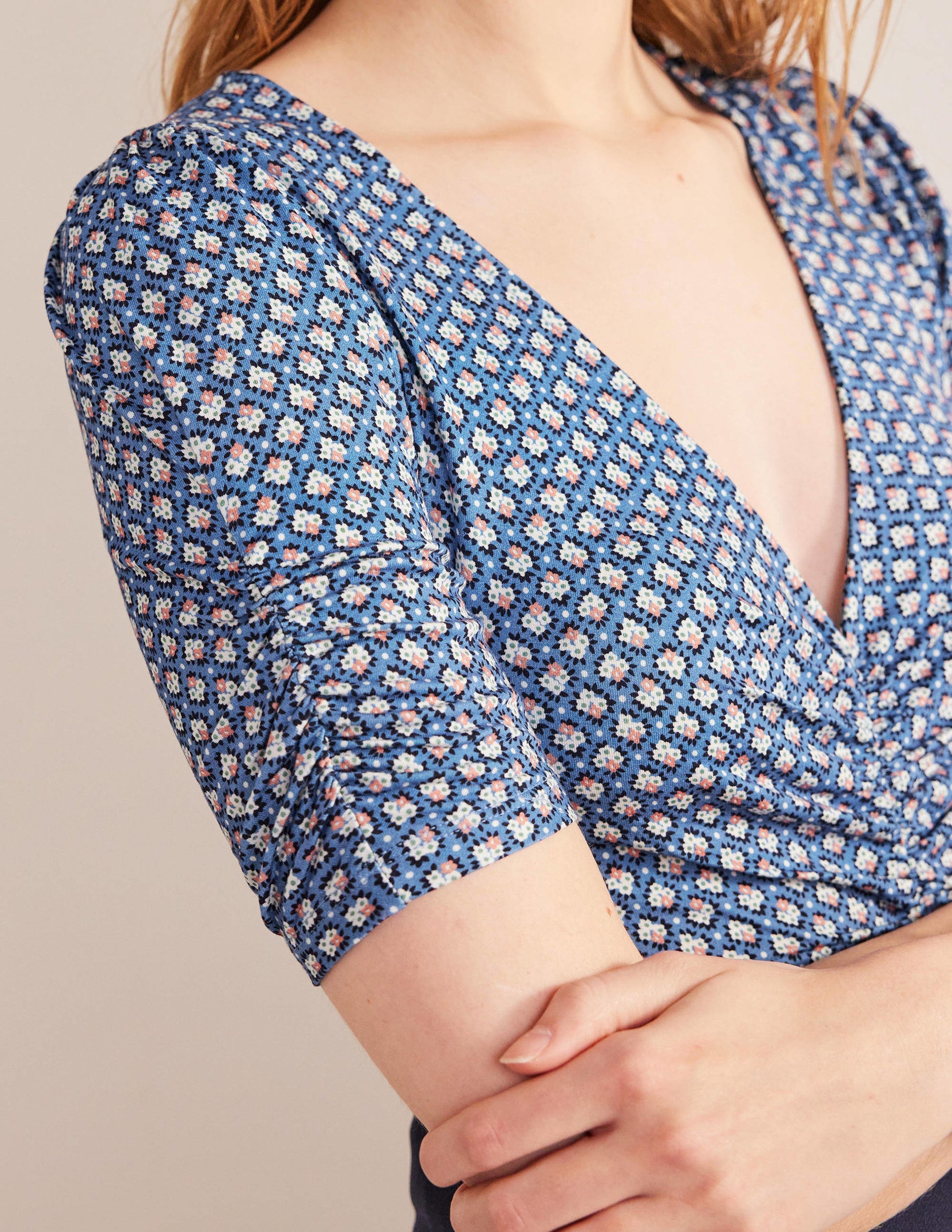 Ruched Front Printed Top-Porcelain Blue, Bloom Bud-2