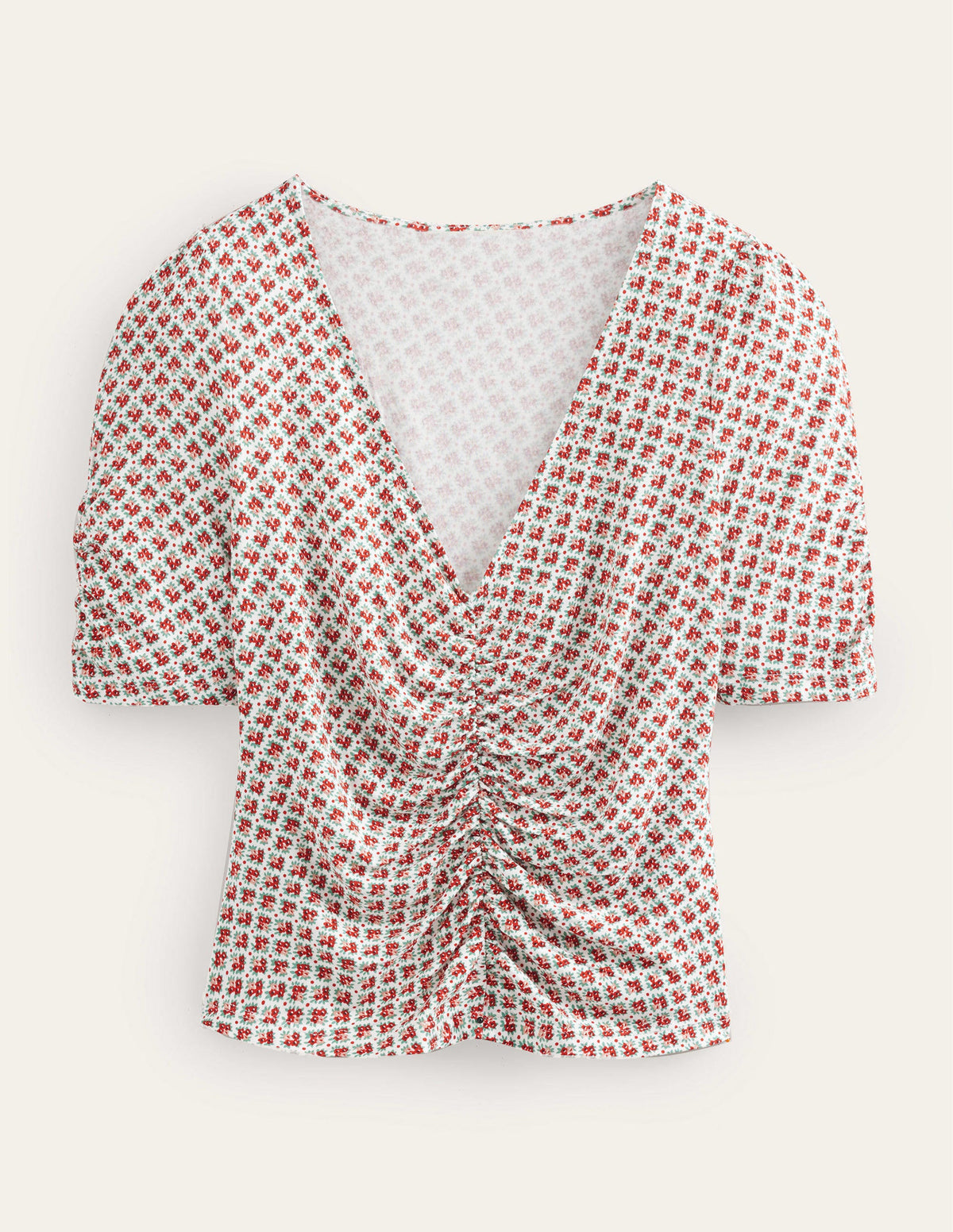 Ruched Front Printed Top-Vermillion, Bloom Bud-5