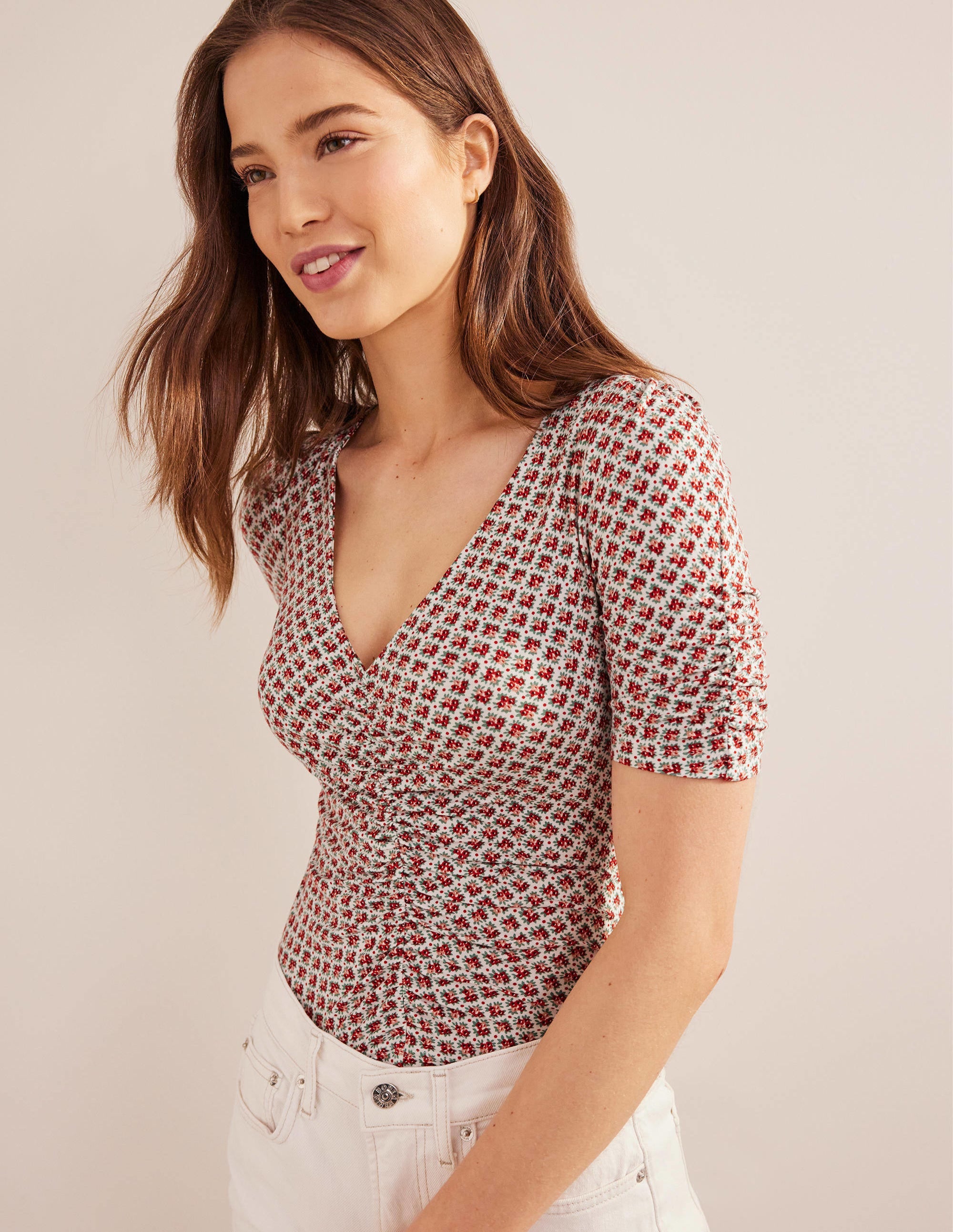 Ruched Front Printed Top-Vermillion, Bloom Bud - Image 1