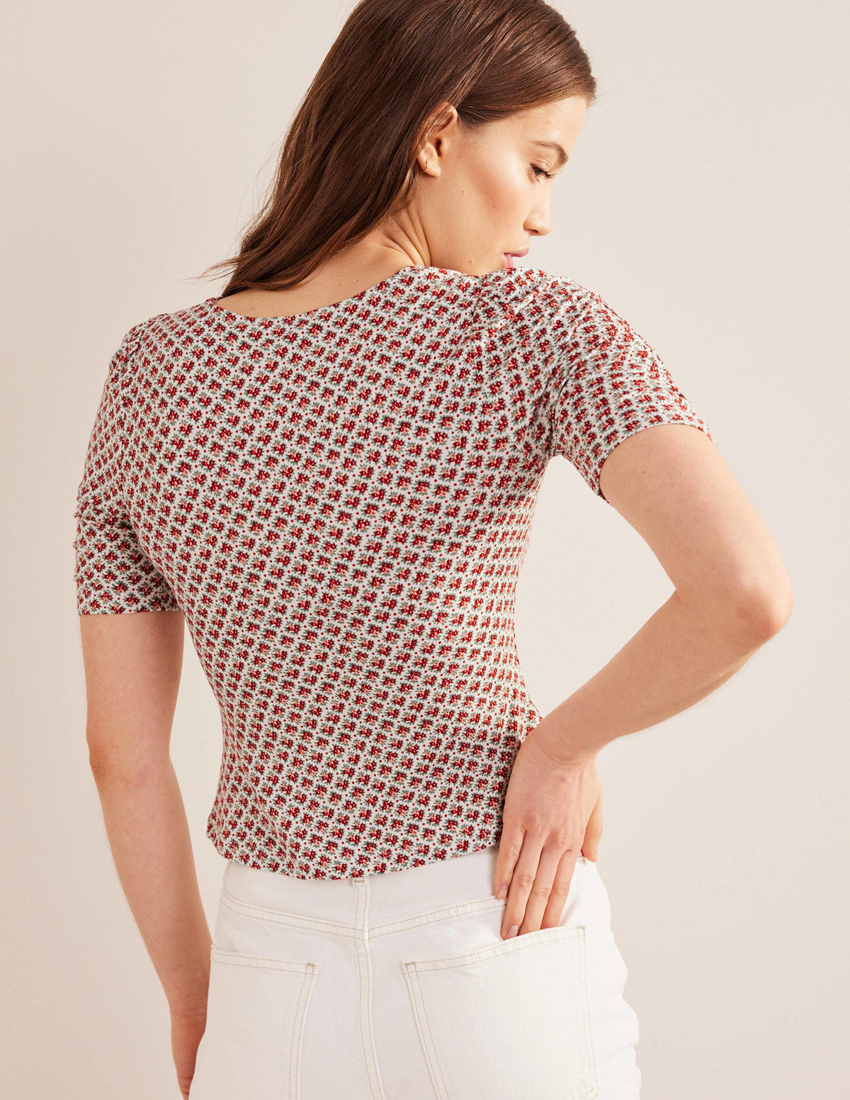 Ruched Front Printed Top-Vermillion, Bloom Bud - Image 3