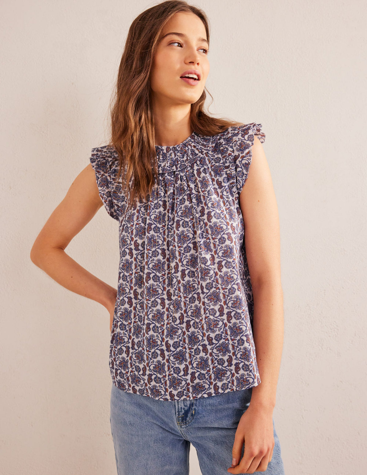 Ruched Detail Sleeveless Top-Ivory, Block Paisley - Image 1