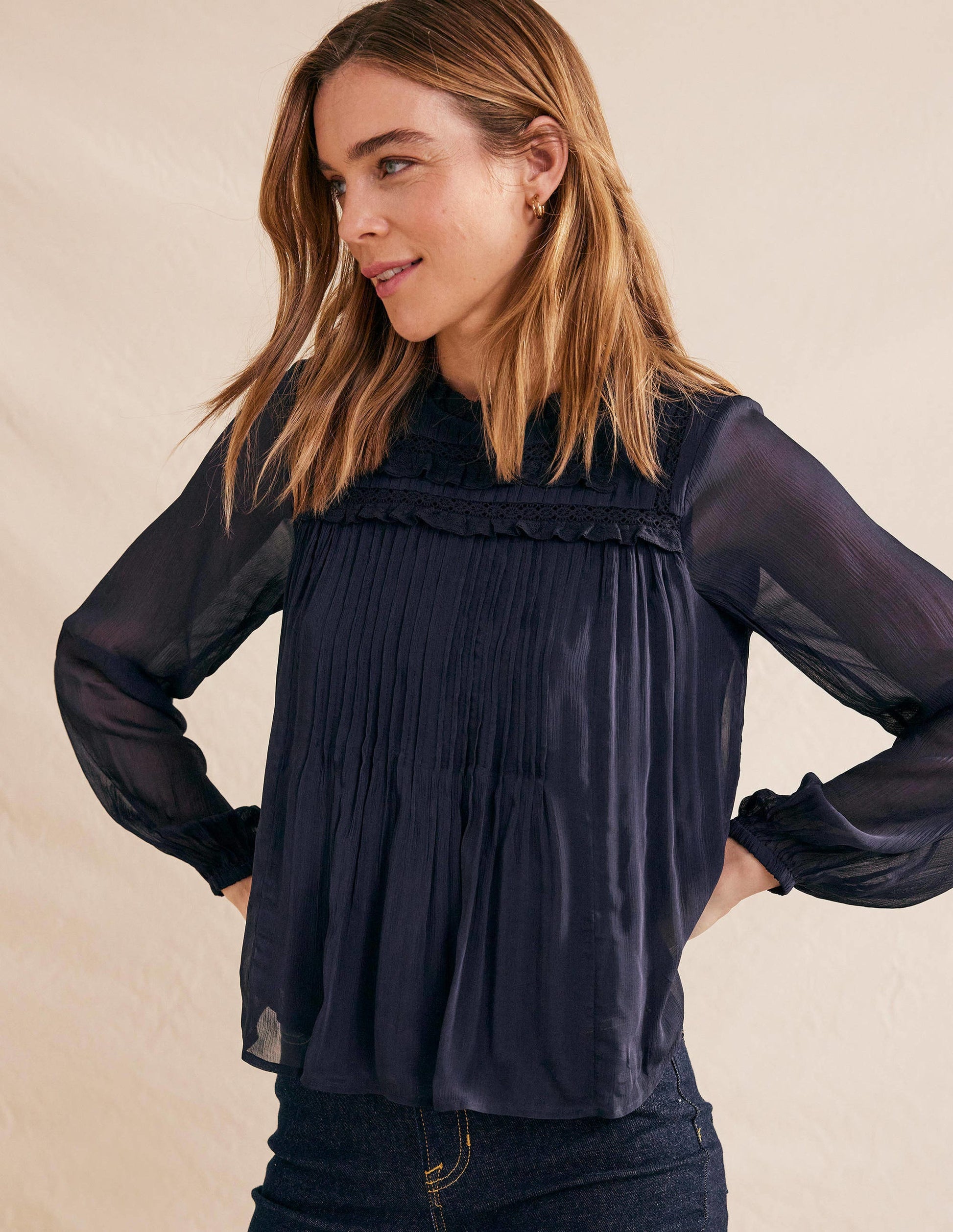 Georgette Trim Top-Navy-1