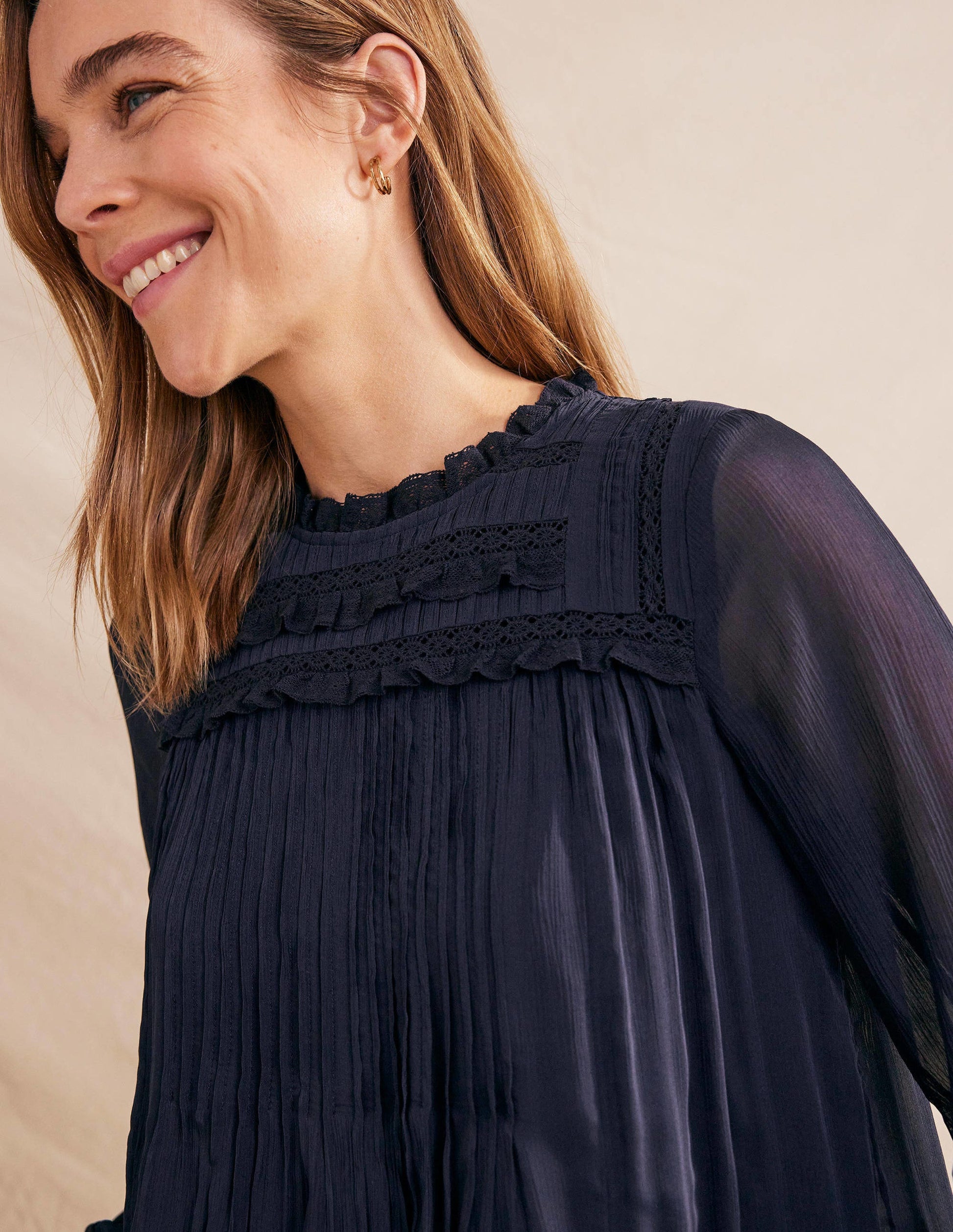 Georgette Trim Top-Navy-2