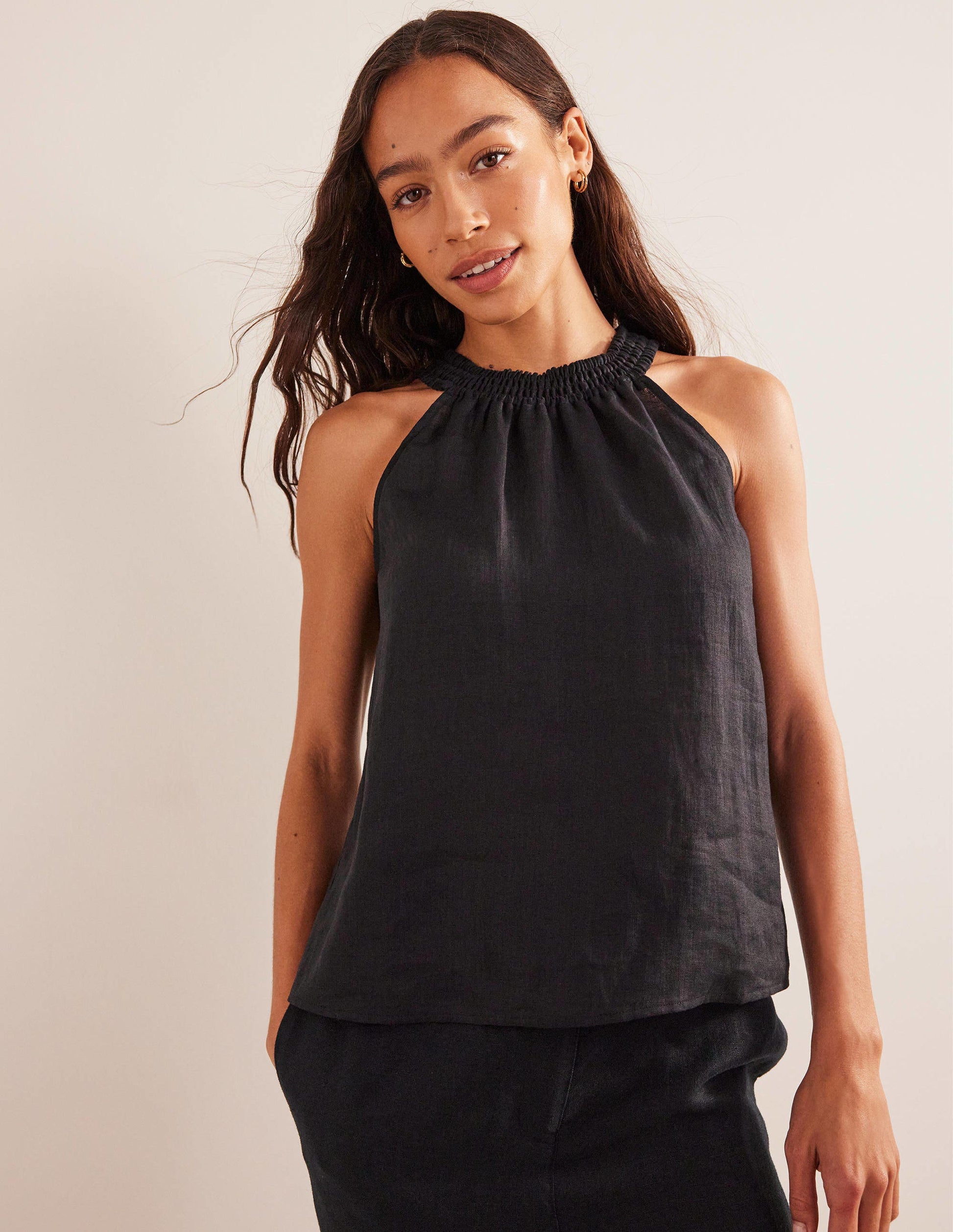 Linen Smocked Halter Top-Black-1