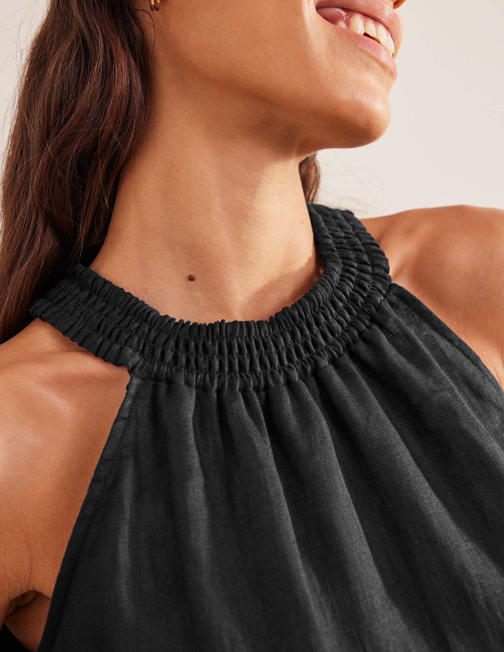 Linen Smocked Halter Top-Black-2