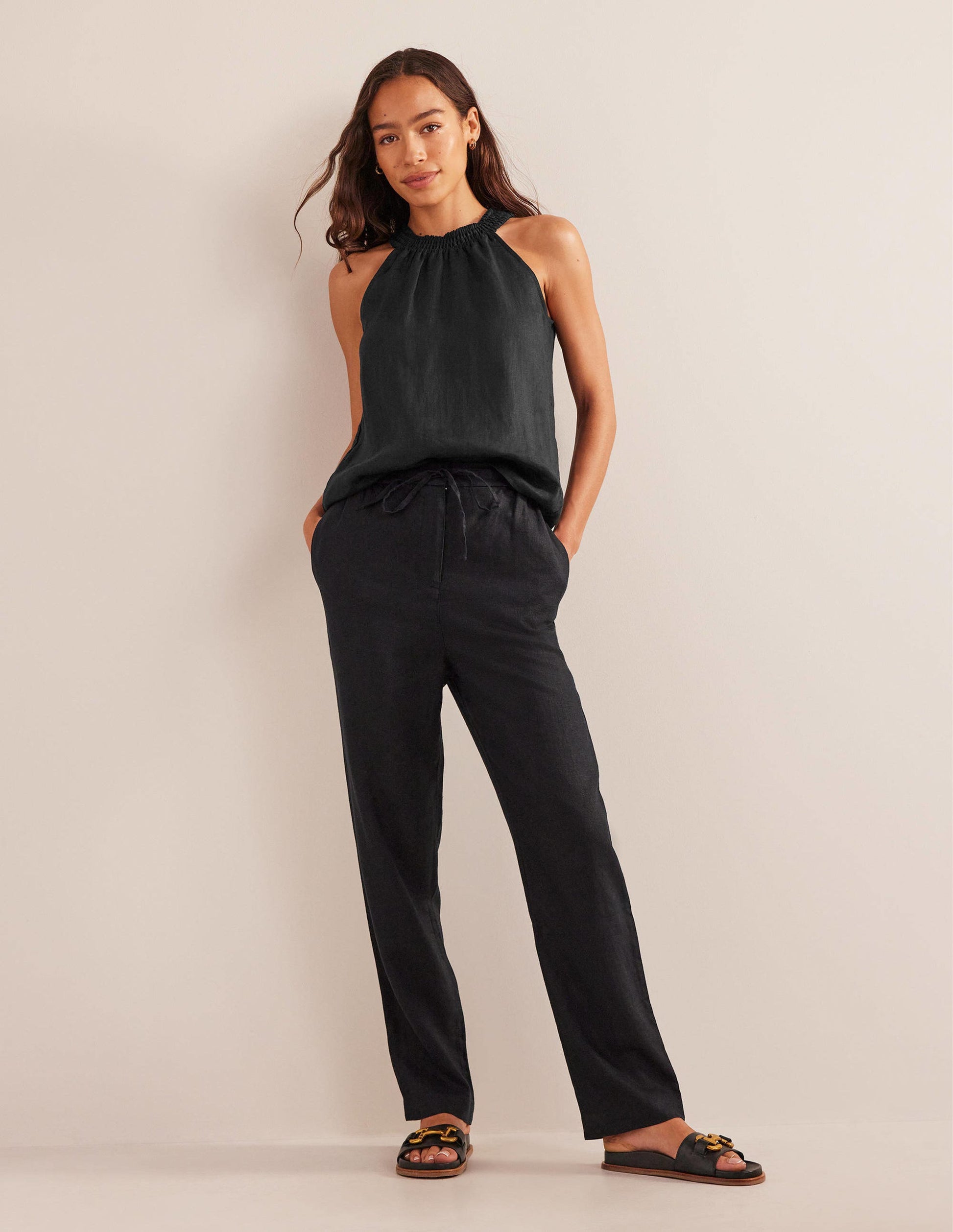 Linen Smocked Halter Top-Black-4