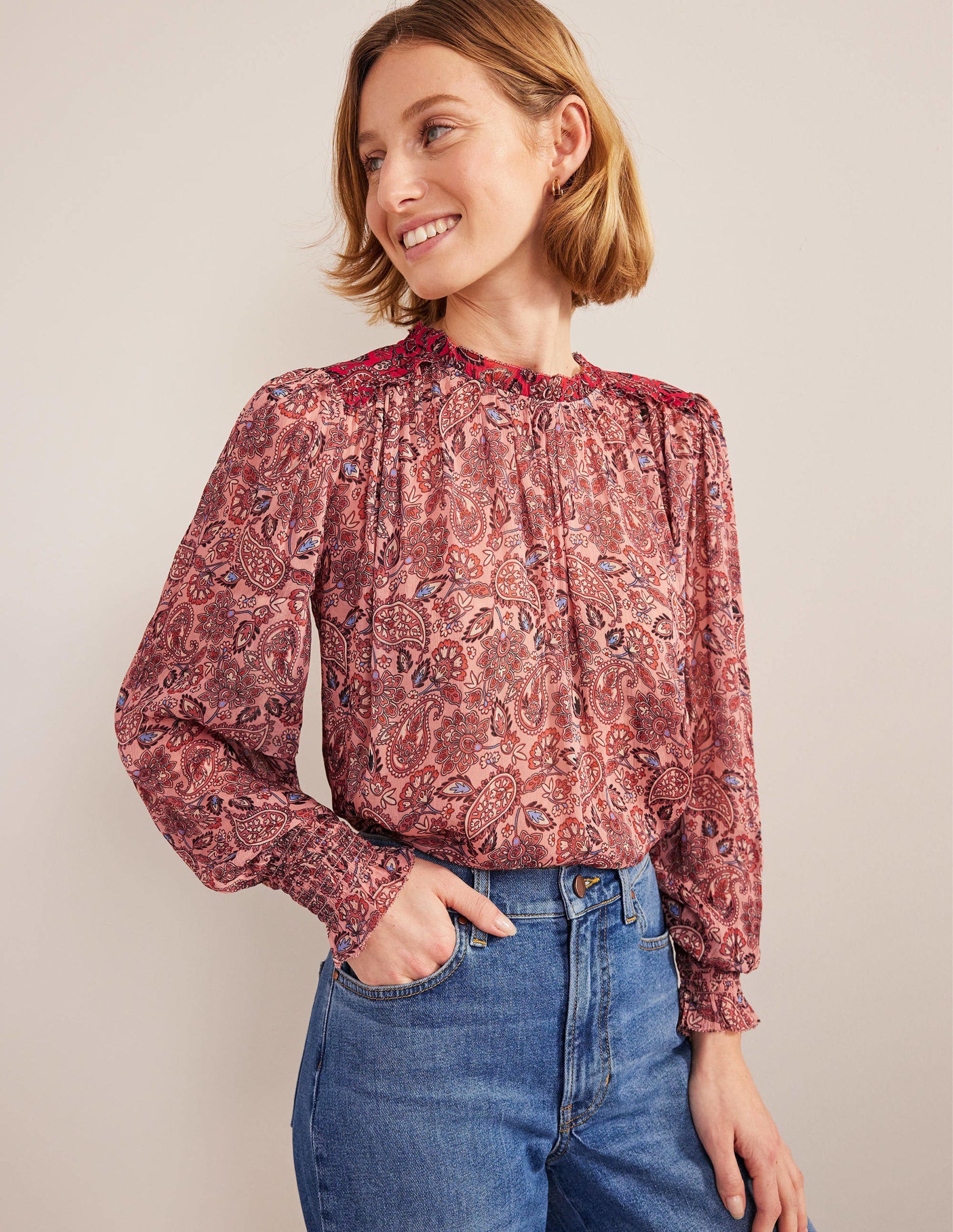 Ruffle Detail Swing Top-Chalky Pink, Paisley-1