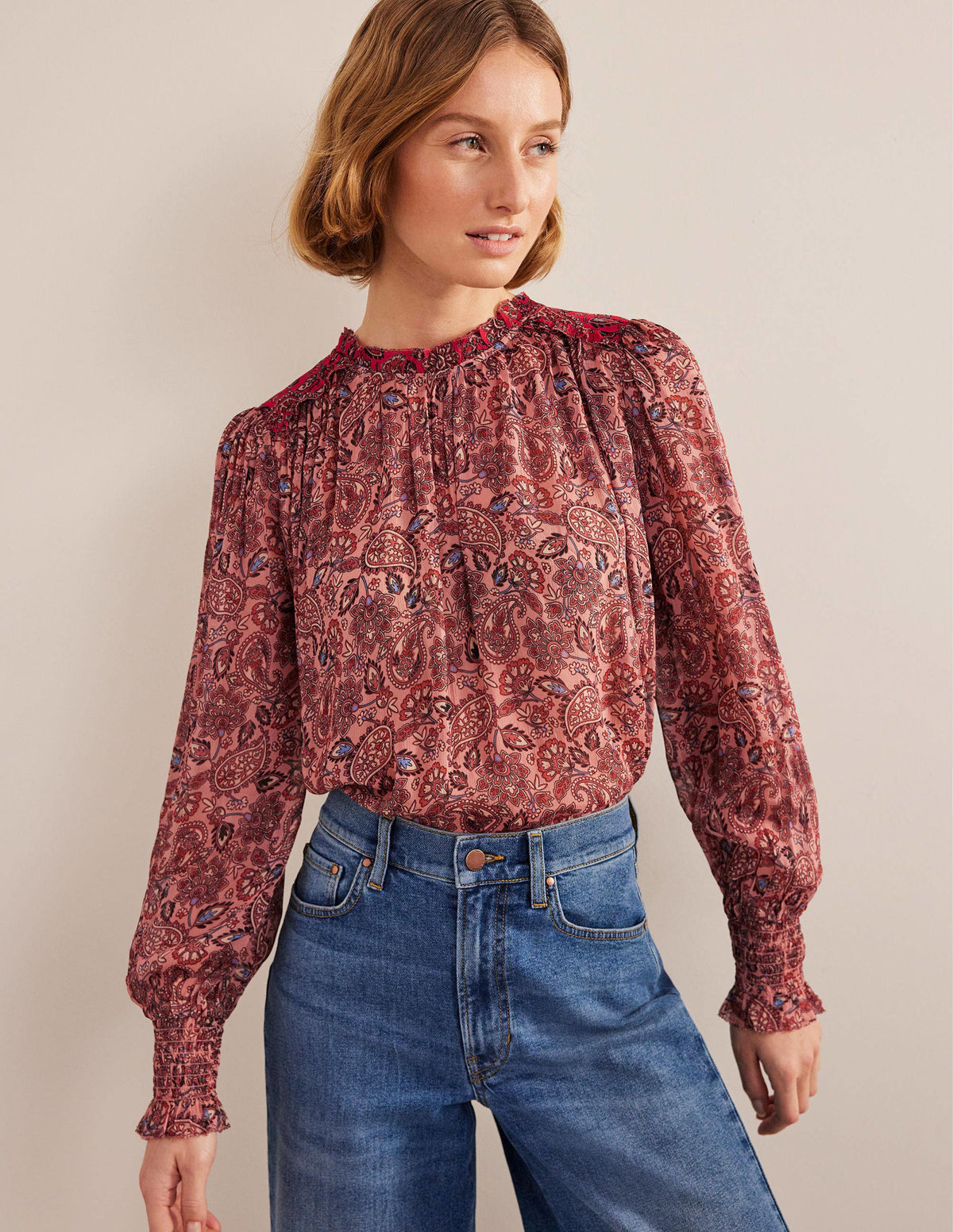 Ruffle Detail Swing Top-Chalky Pink, Paisley-4