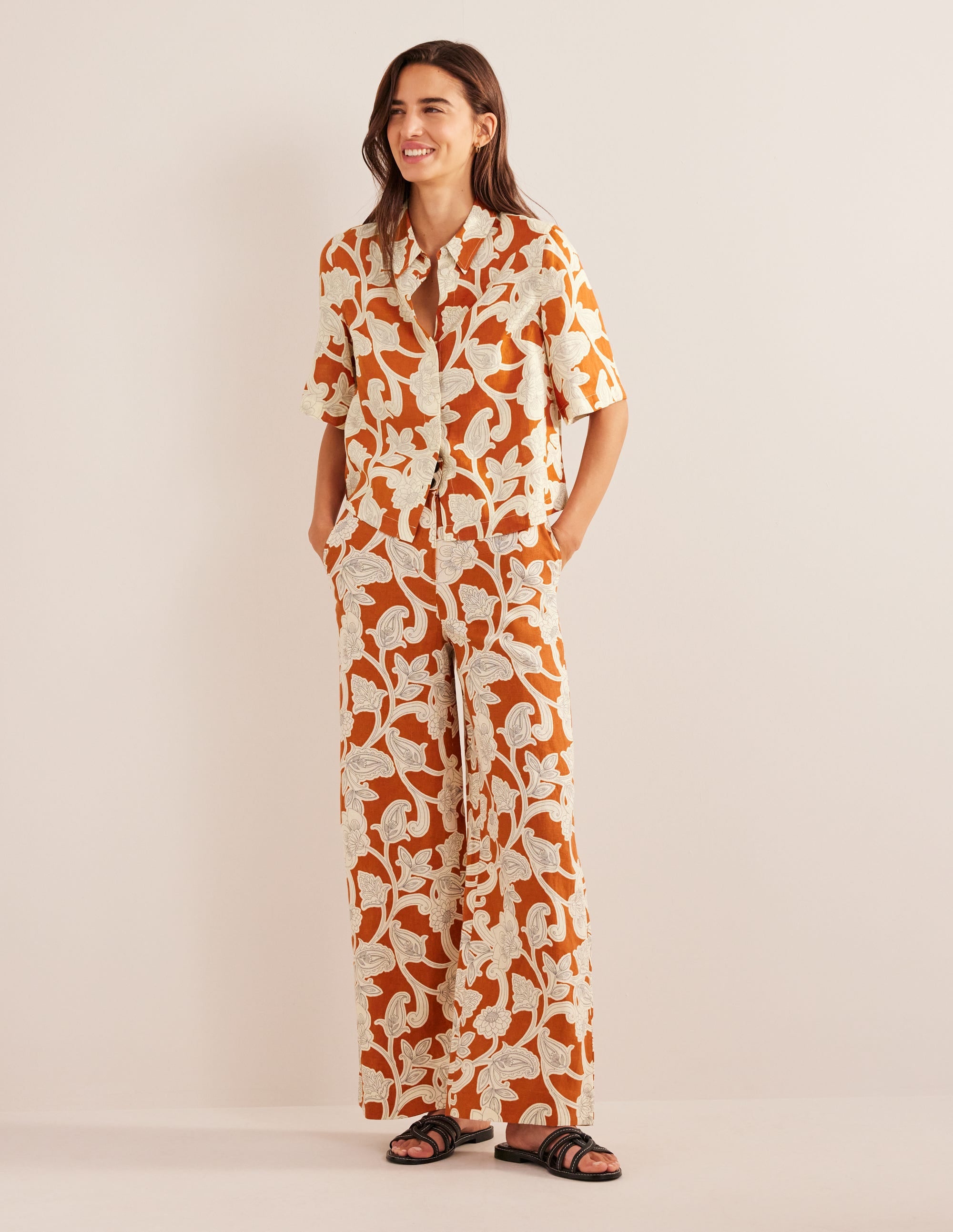 Short Sleeve Linen Shirt-Rust, Paisley Whirl - Image 5