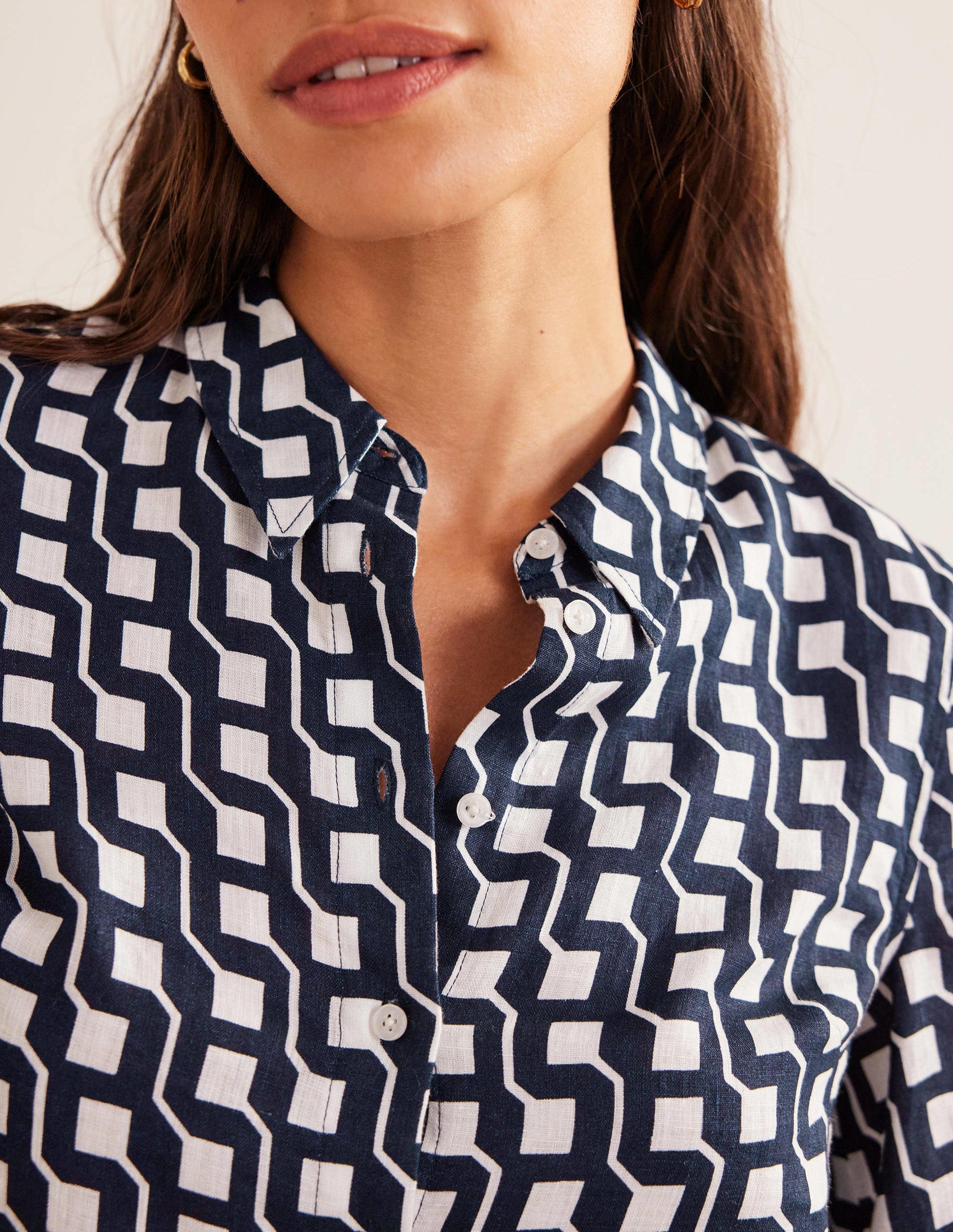 Short Sleeve Linen Shirt-French Navy, Cube Geo-2