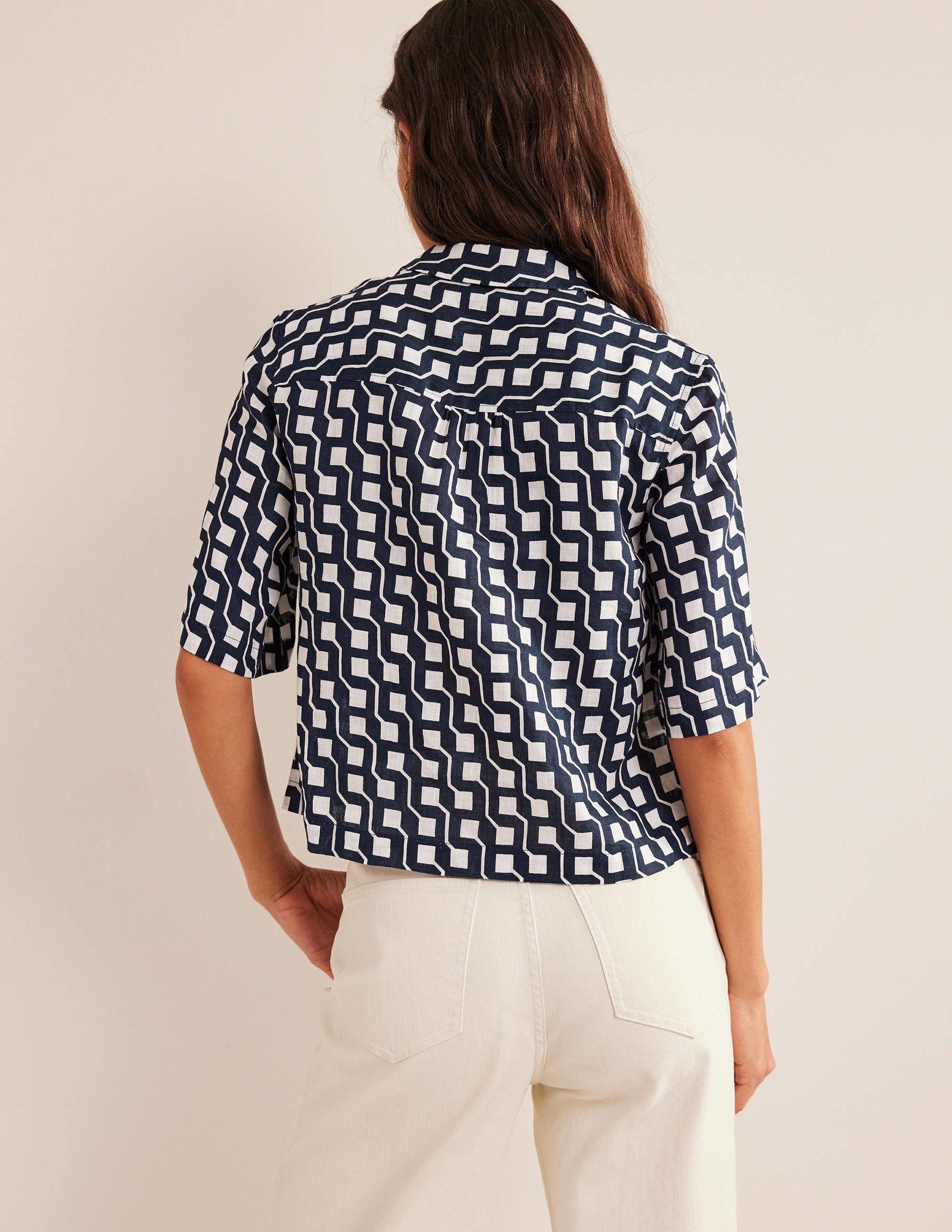 Short Sleeve Linen Shirt-French Navy, Cube Geo-3