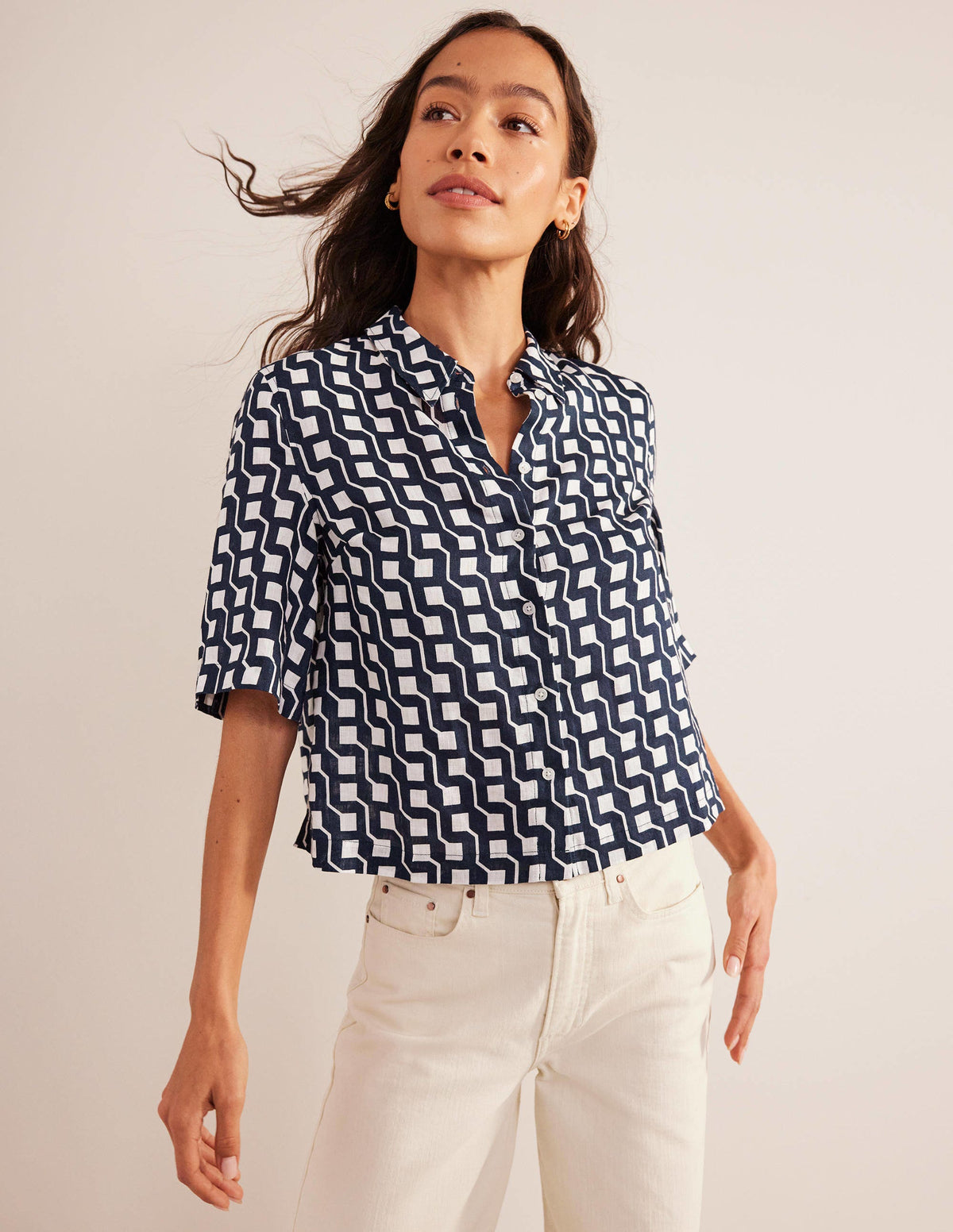 Short Sleeve Linen Shirt-French Navy, Cube Geo-4