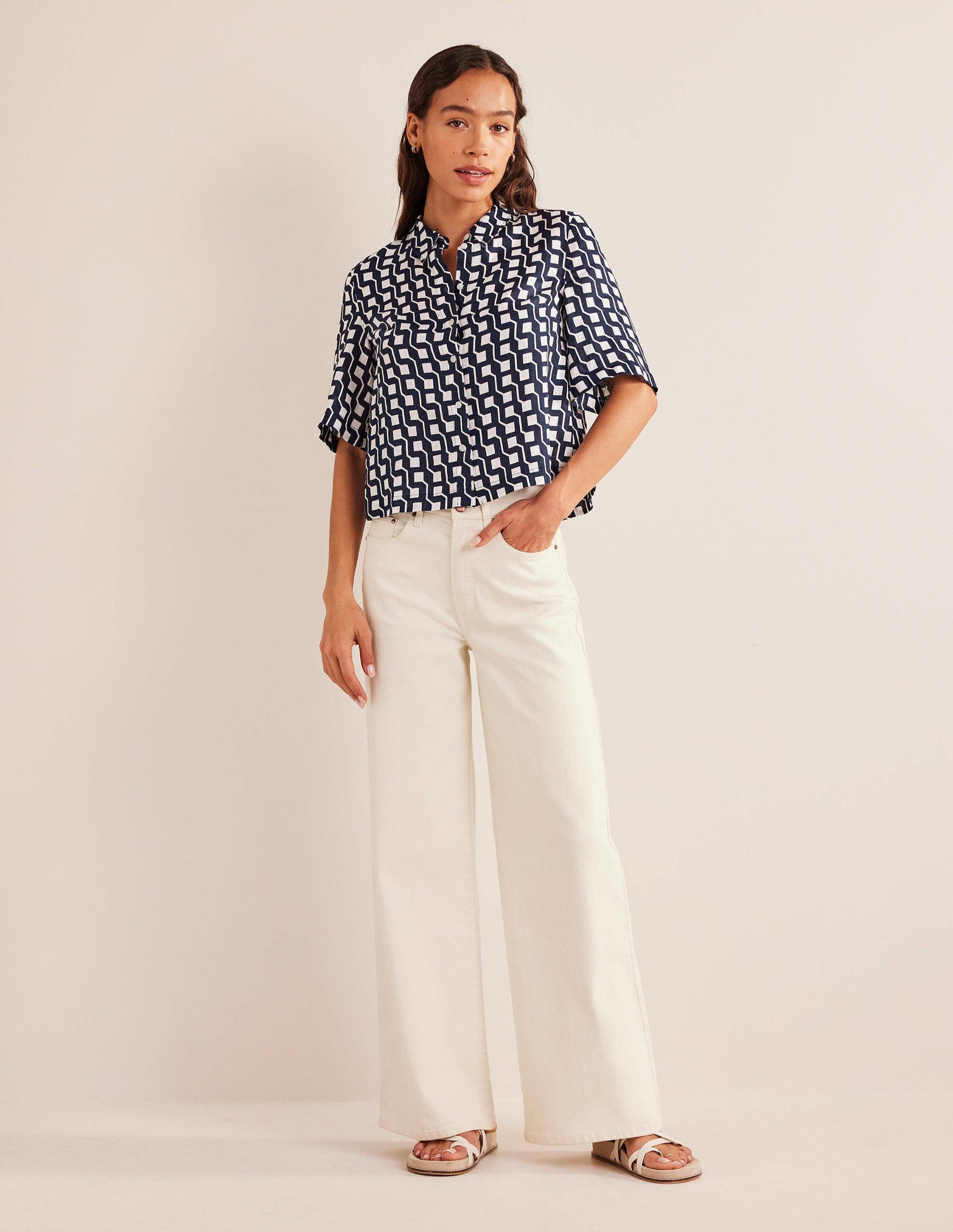 Short Sleeve Linen Shirt-French Navy, Cube Geo-5