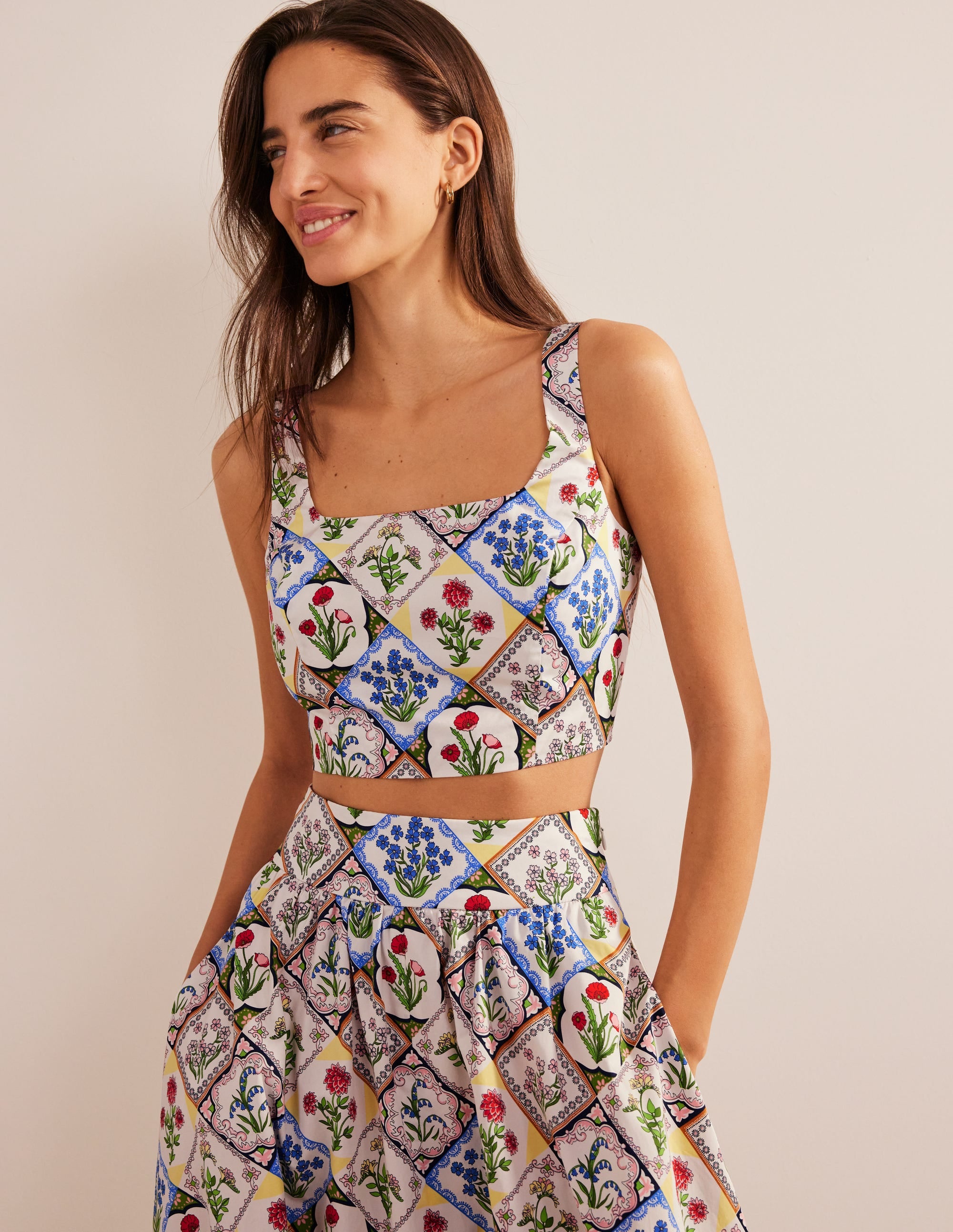 Square Neck Cropped Co Ord Top-Ivory, Wild Bluebell - Image 1