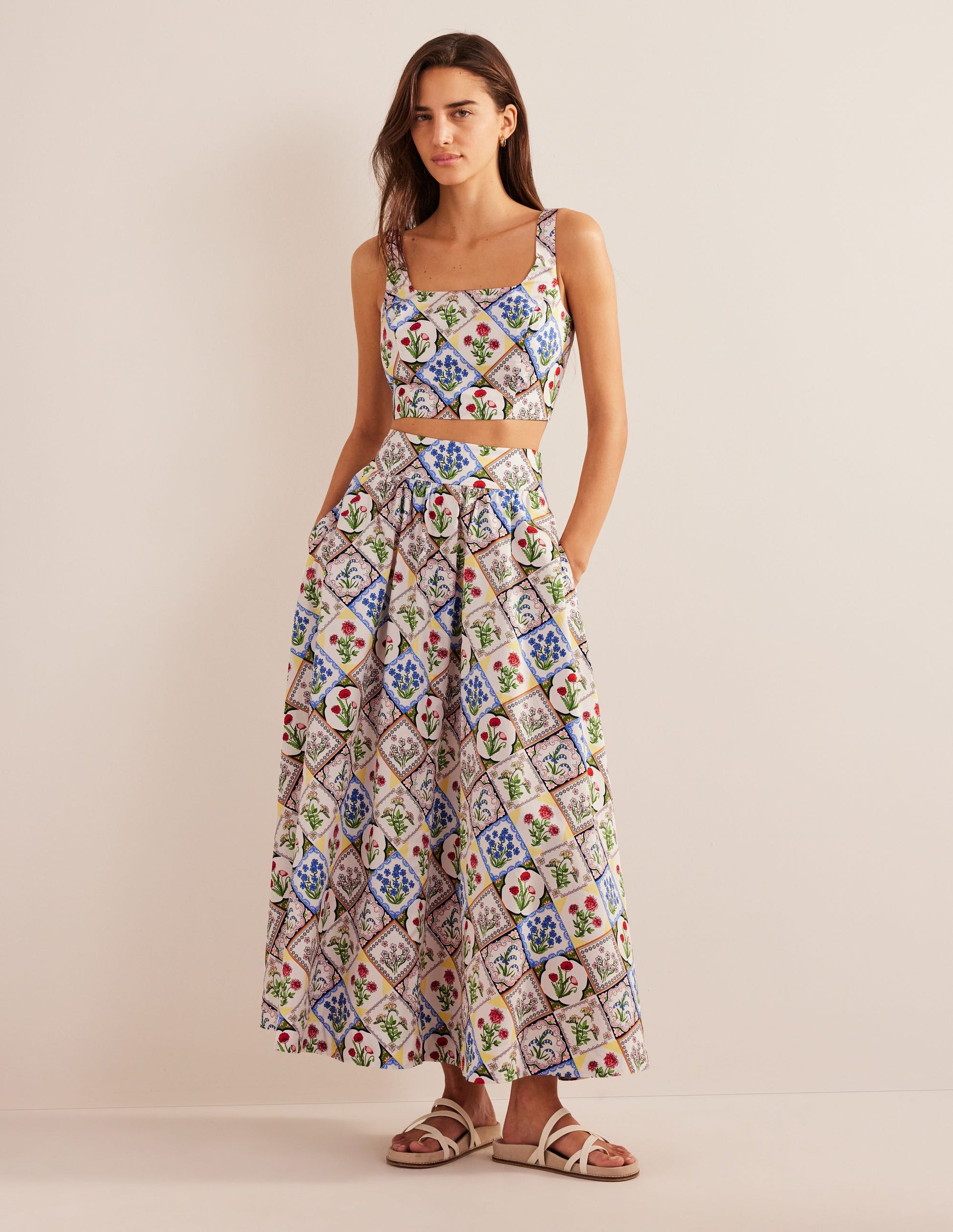 Square Neck Cropped Co Ord Top-Ivory, Wild Bluebell-4