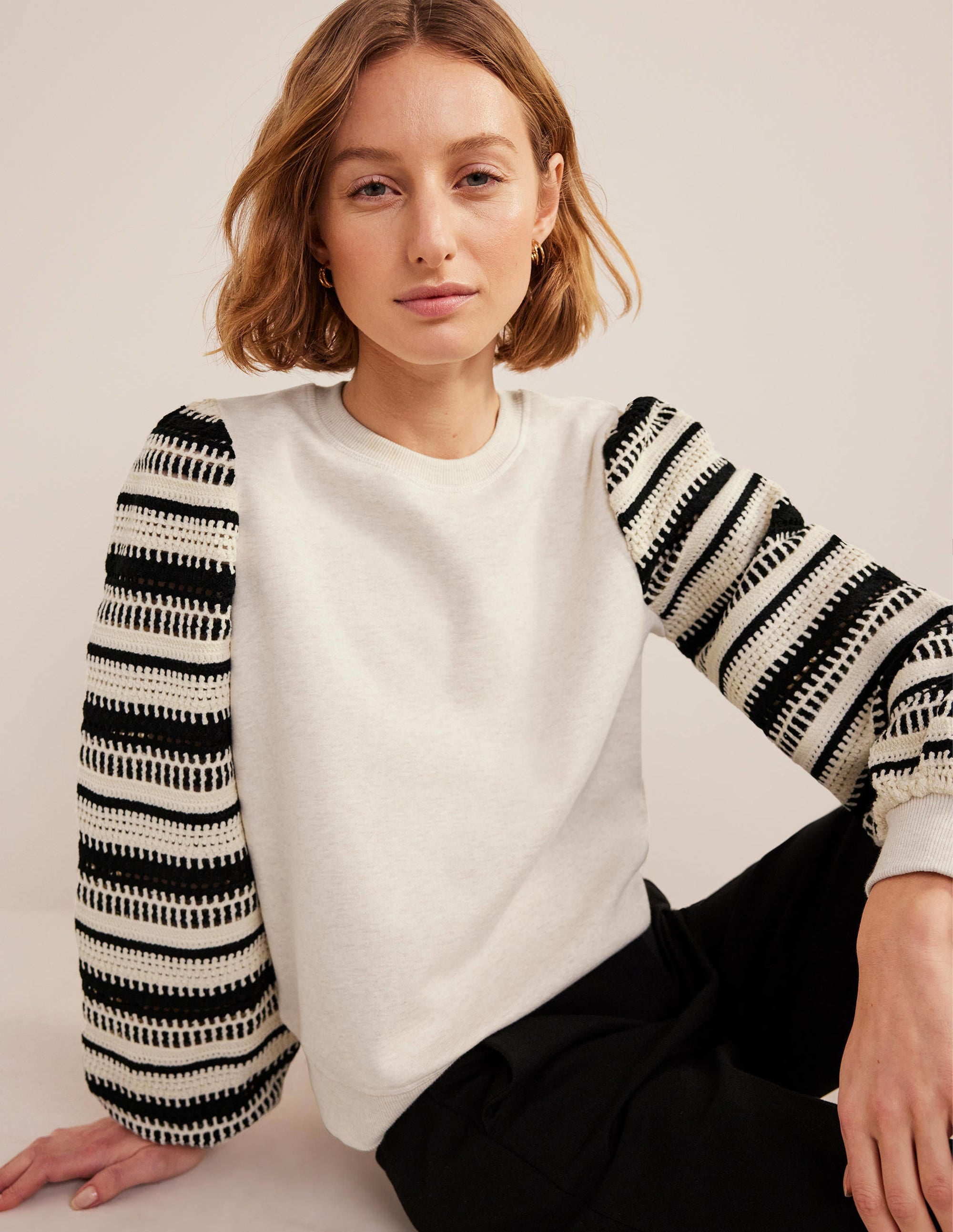 Crochet Sweatshirt-Oatmeal Marl, Crochet Sleeve - Image 1