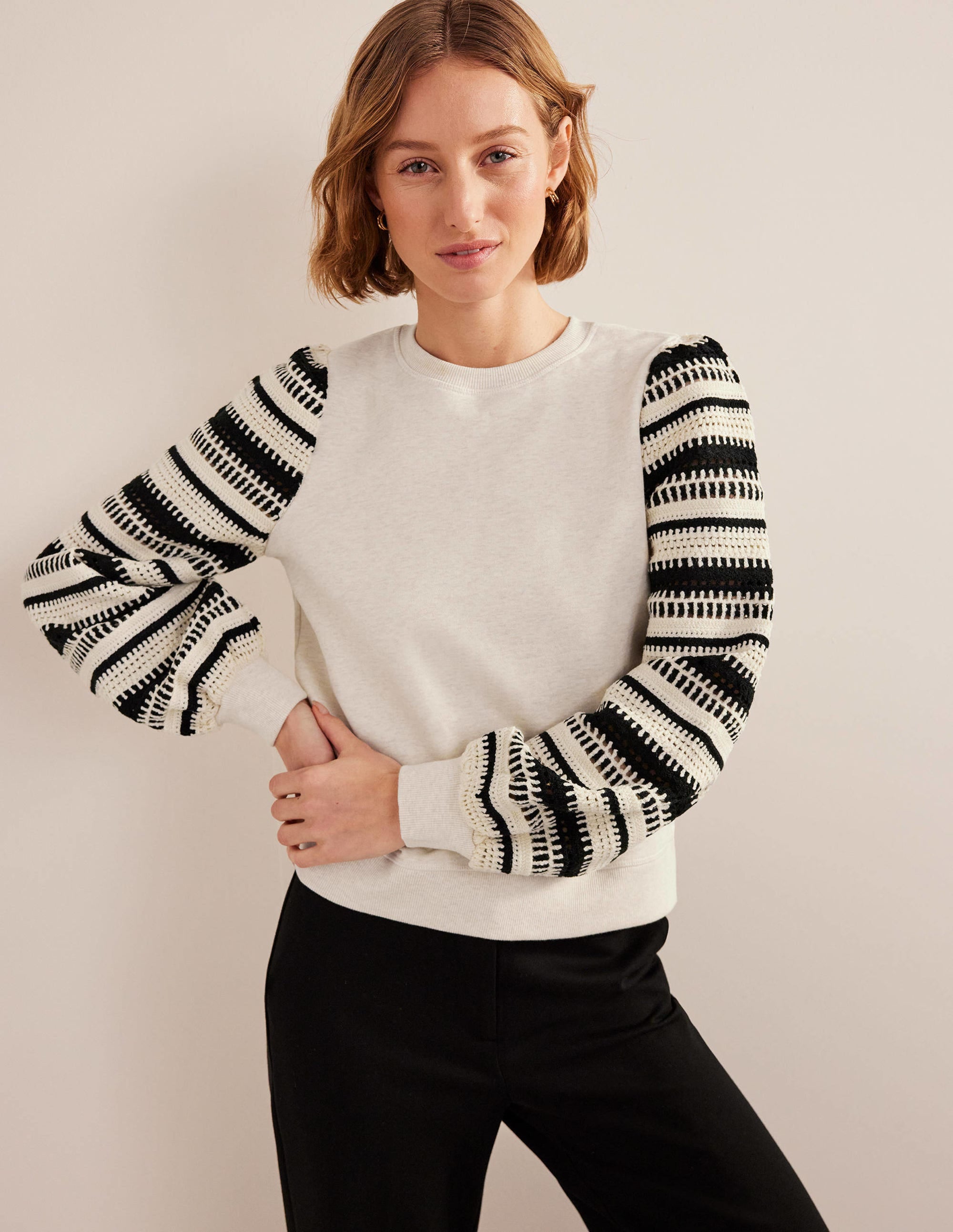 Crochet Sweatshirt-Oatmeal Marl, Crochet Sleeve - Image 4