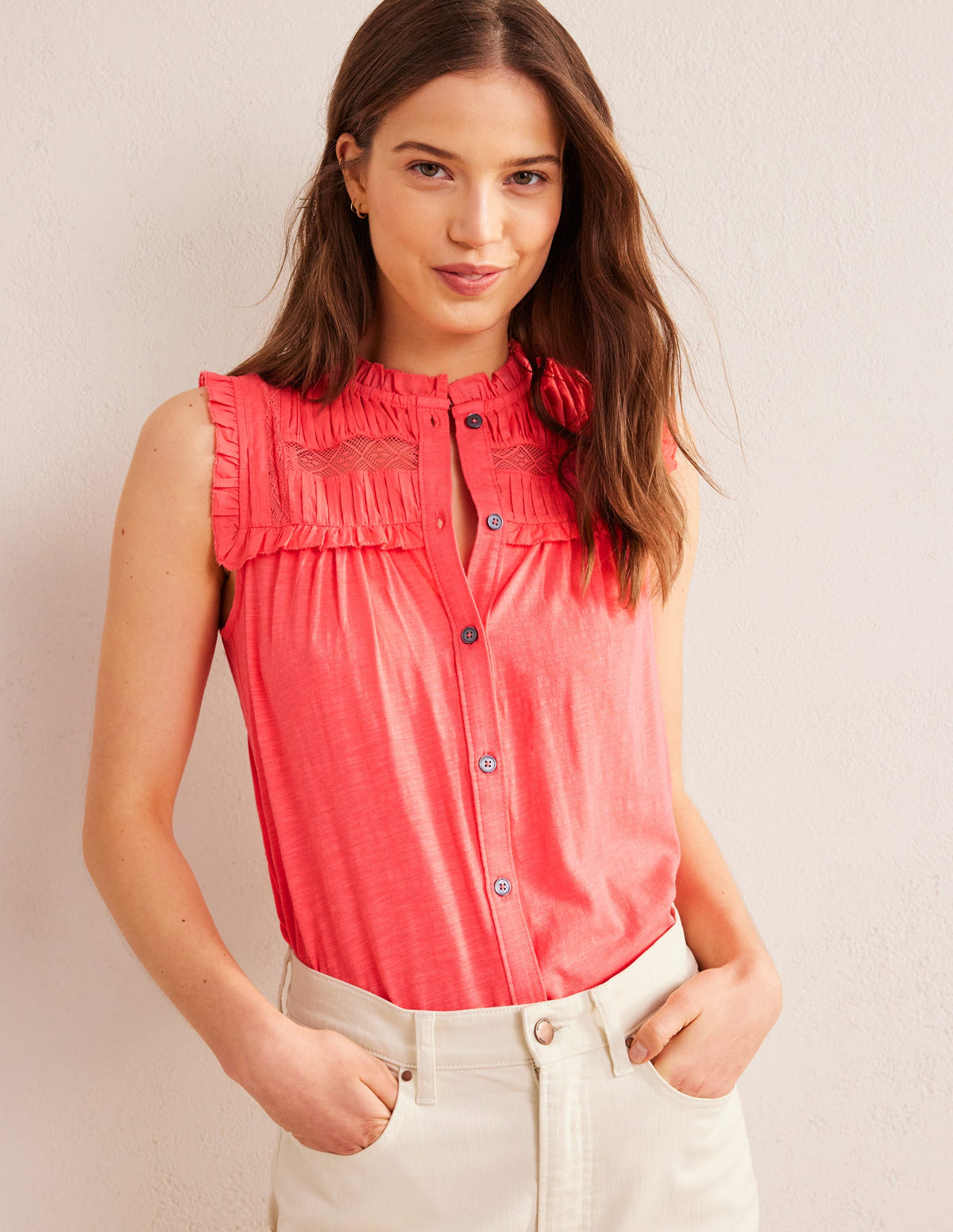 Yoke Detail Jersey Shirt-Coral - Image 1