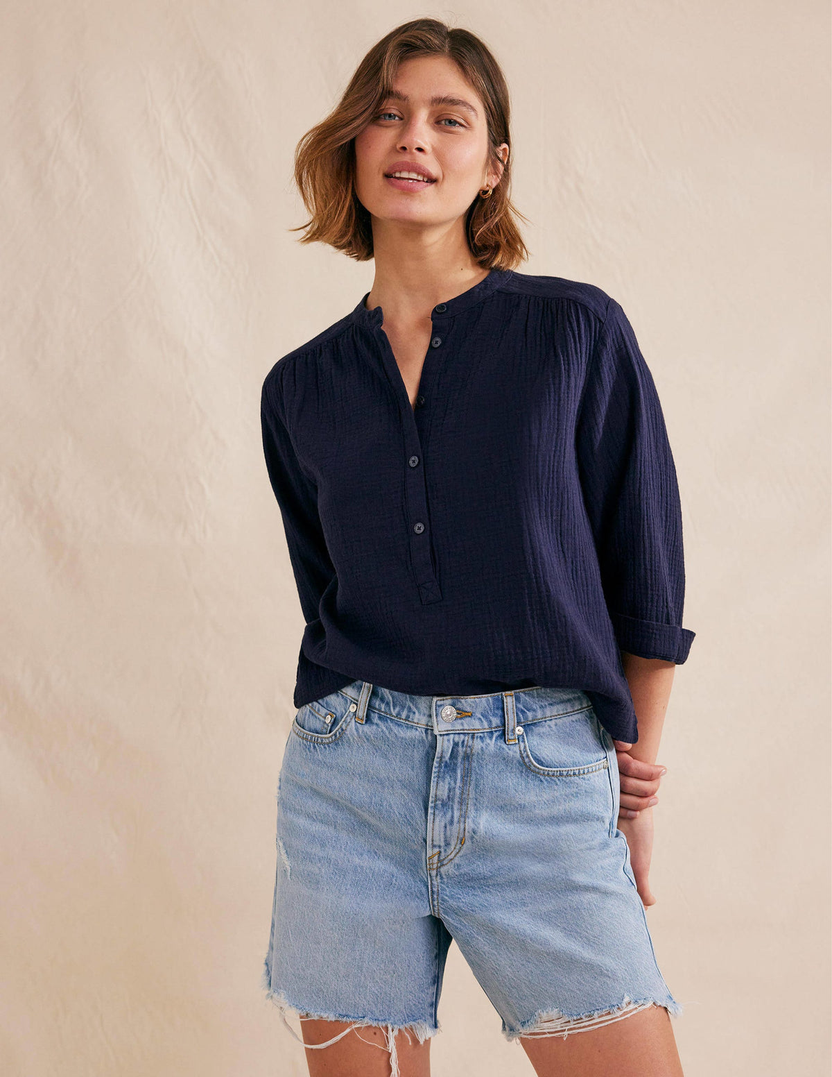 Wide Sleeve Cheesecloth Top-Navy - Image 1