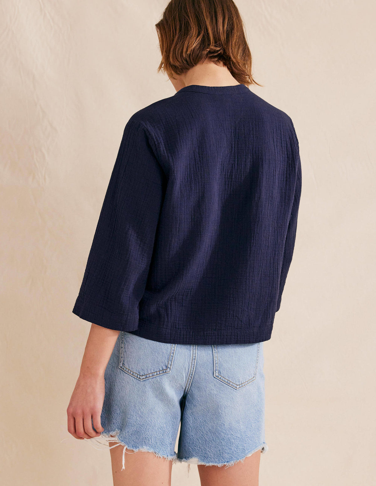 Wide Sleeve Cheesecloth Top-Navy - Image 3