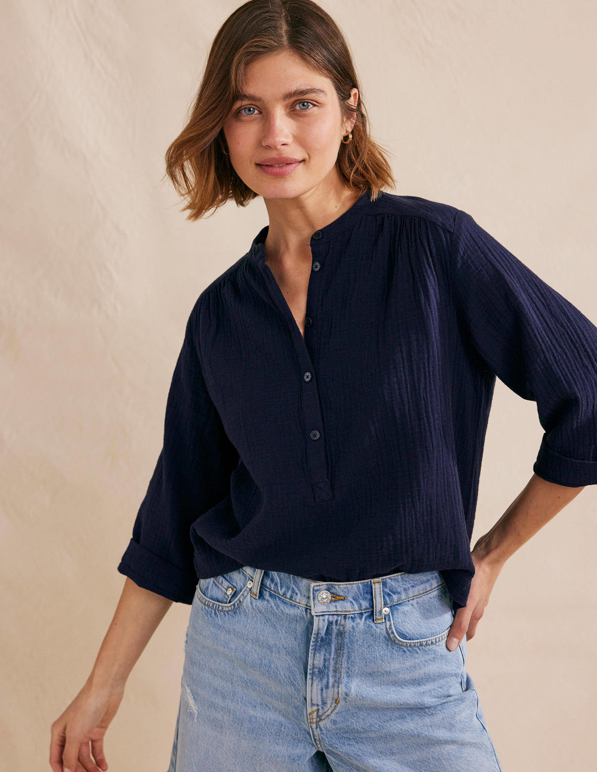 Wide Sleeve Cheesecloth Top-Navy - Image 4