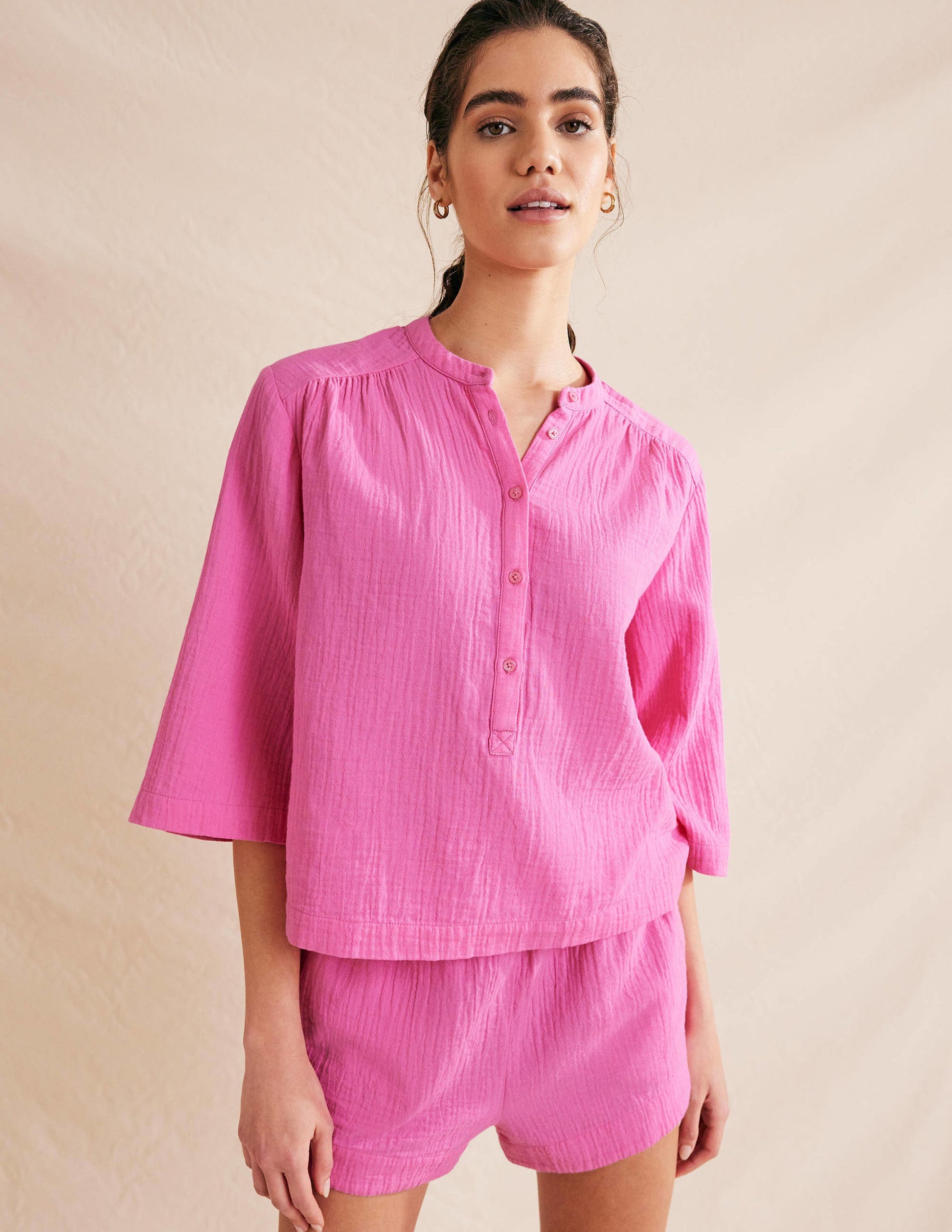 Wide Sleeve Cheesecloth Top-Festival Pink-4