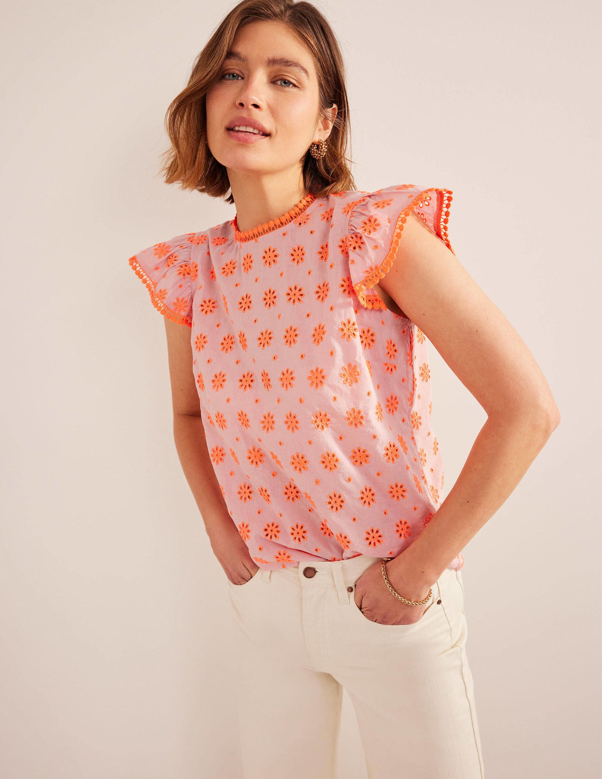 Embroidered Pom Trim Top-Watermelon Punch - Image 1