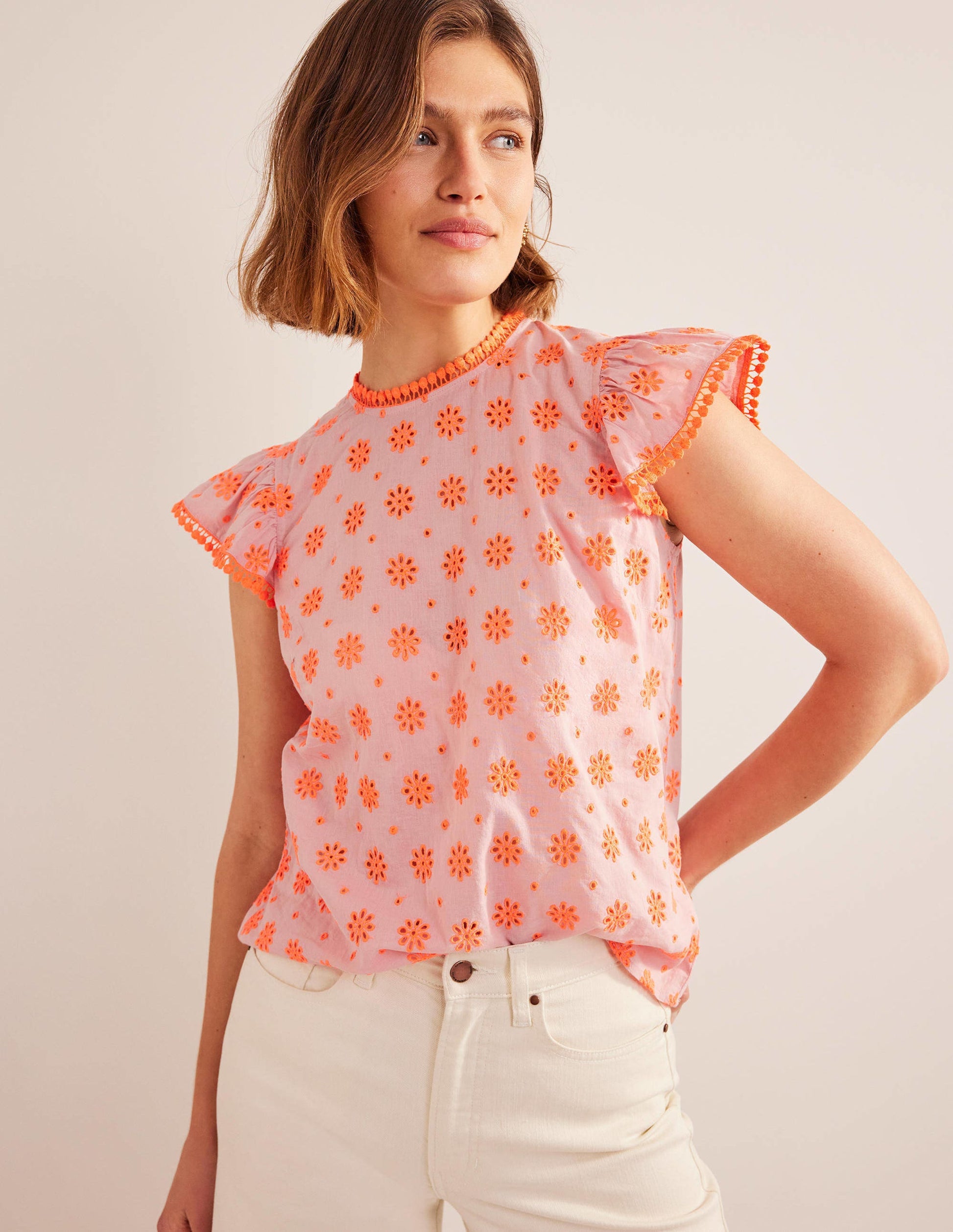 Embroidered Pom Trim Top-Watermelon Punch-4