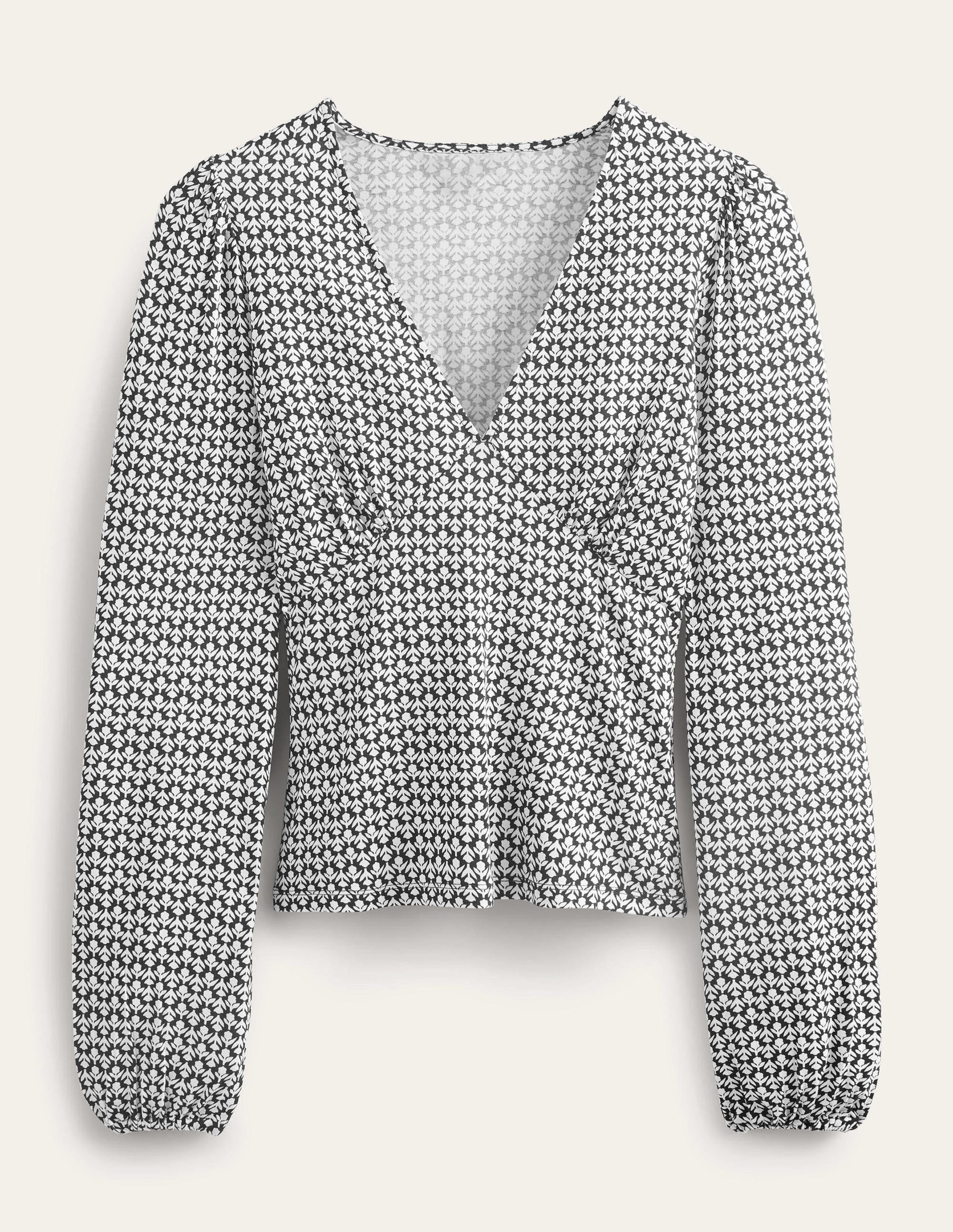 V-Neck Printed Top-Black, Tulip Bud - Image 5