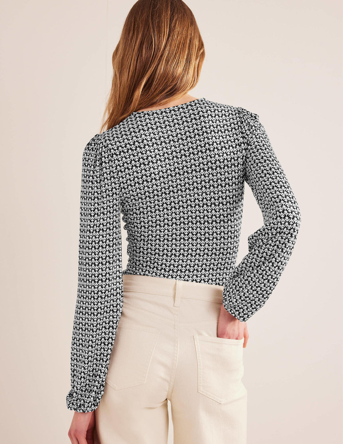 V-Neck Printed Top-Black, Tulip Bud-3